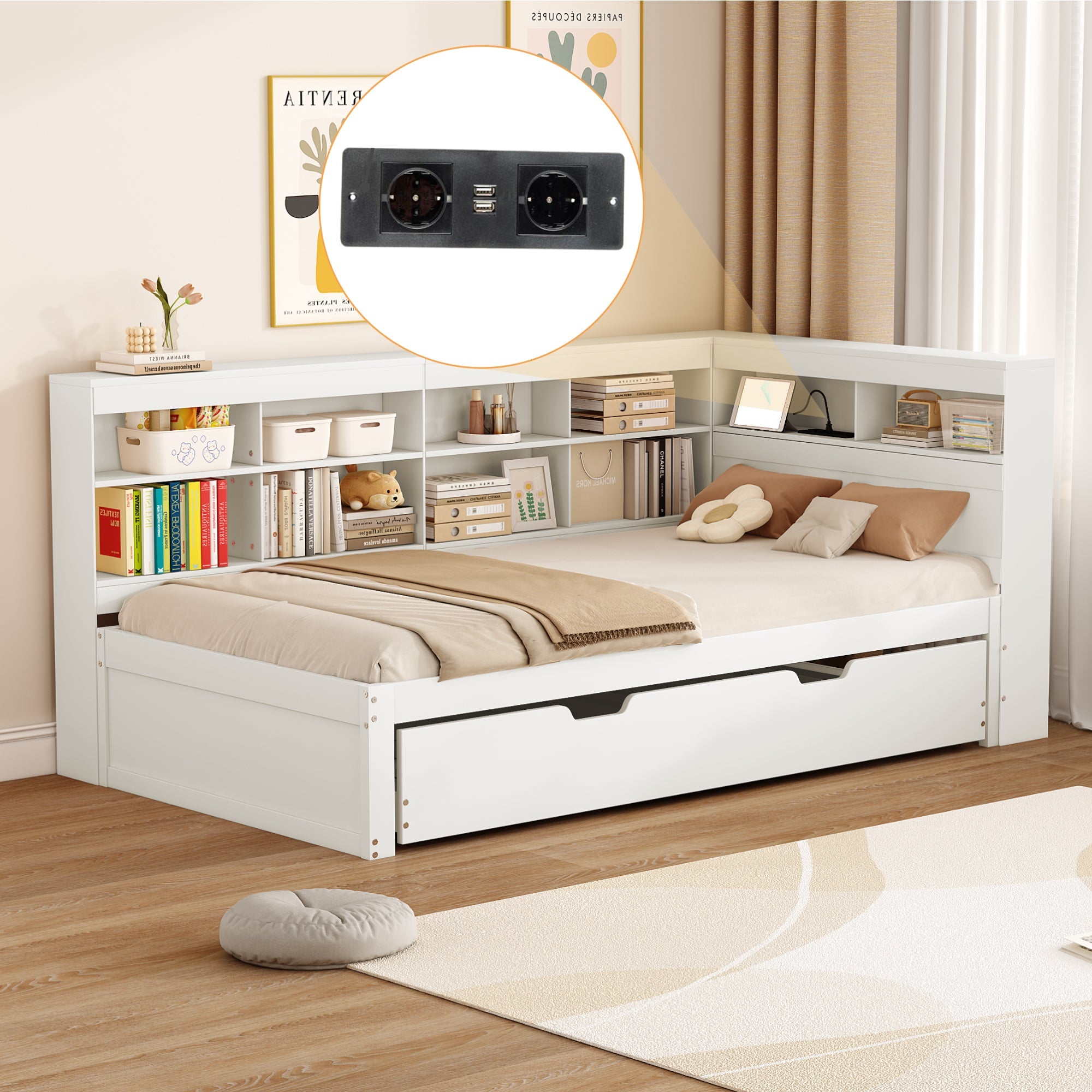Logidon slaapbank 90x200 uitschuifbaar bed 90x190 USB wit