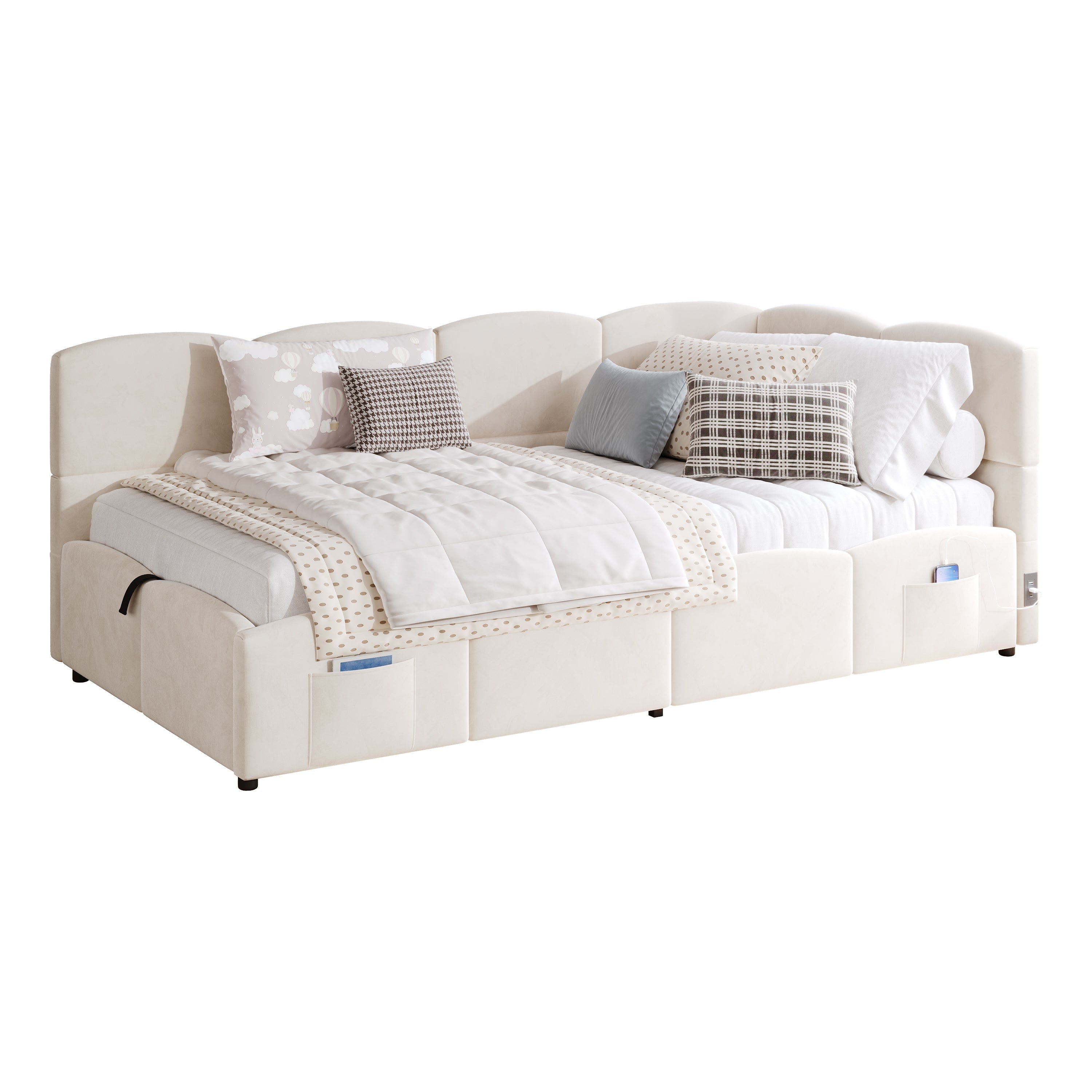 Logidon gestoffeerd bed 90x200 opbergbed slaapbank beige bouclé USB