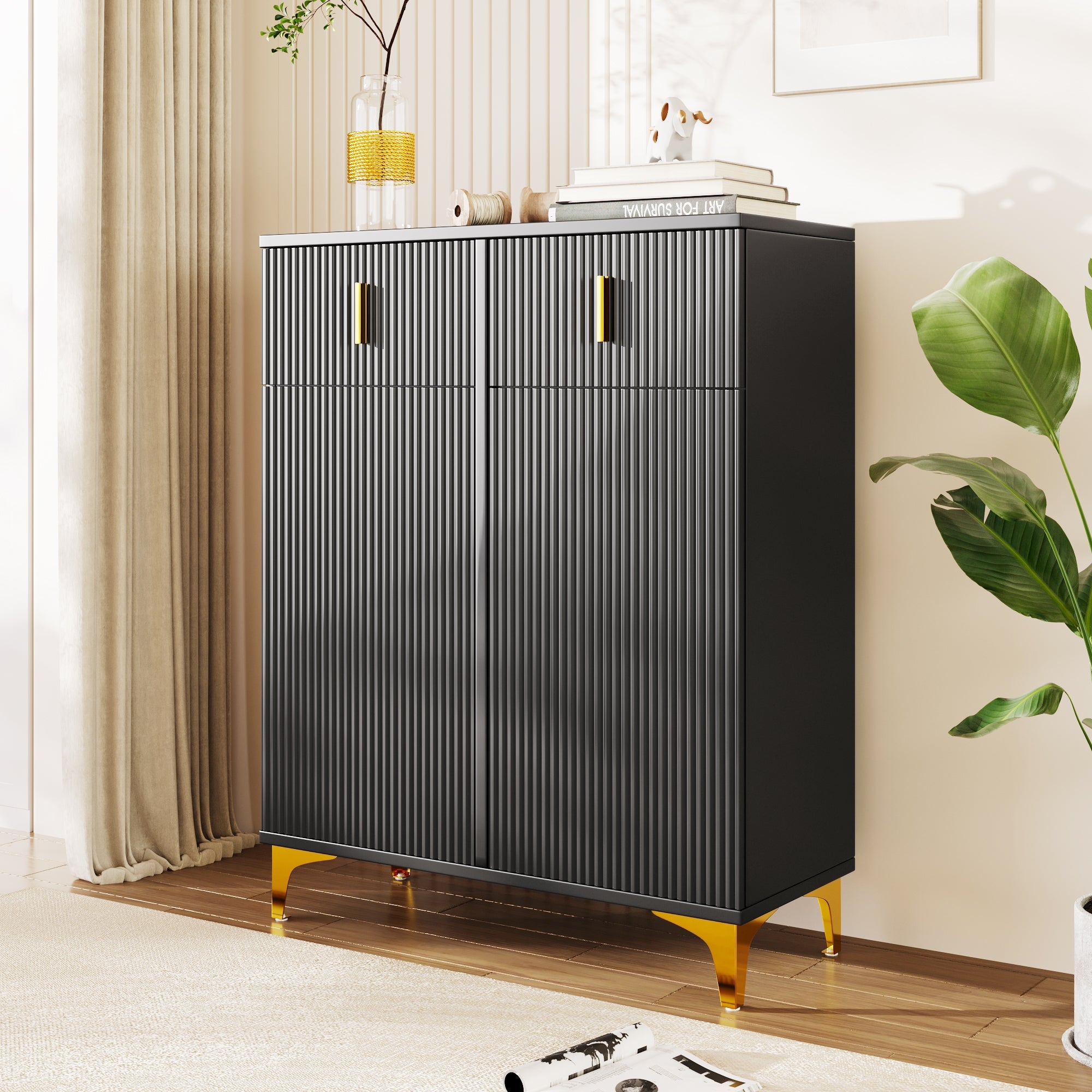 Logidon Elegant Sideboard Black Structure Panels Adjustable Shelves