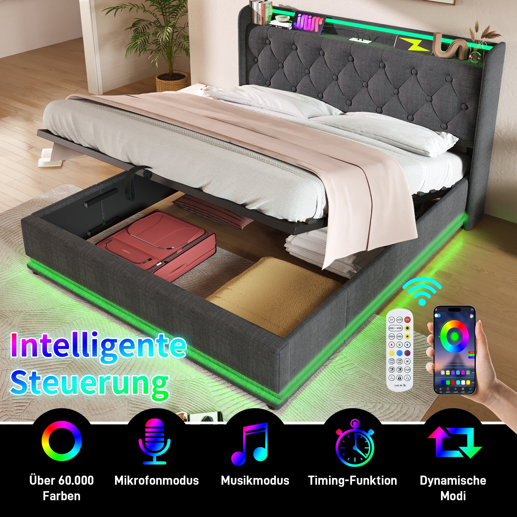 Logidon gestoffeerd bed tweepersoonsbed 180x200 cm grijs linnen LED-verlichting USB C