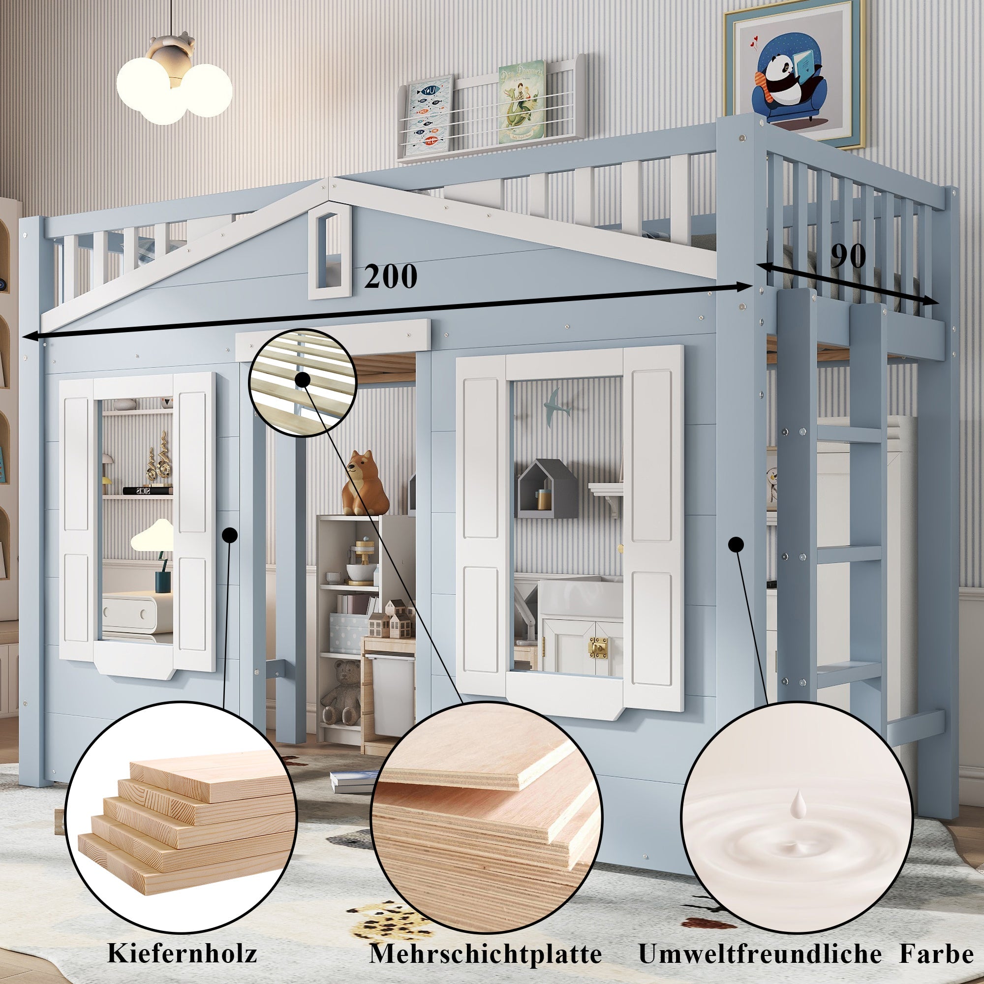 Logidon hoogslaper blauw 90x200 kinderbed met ruimte onder het bed