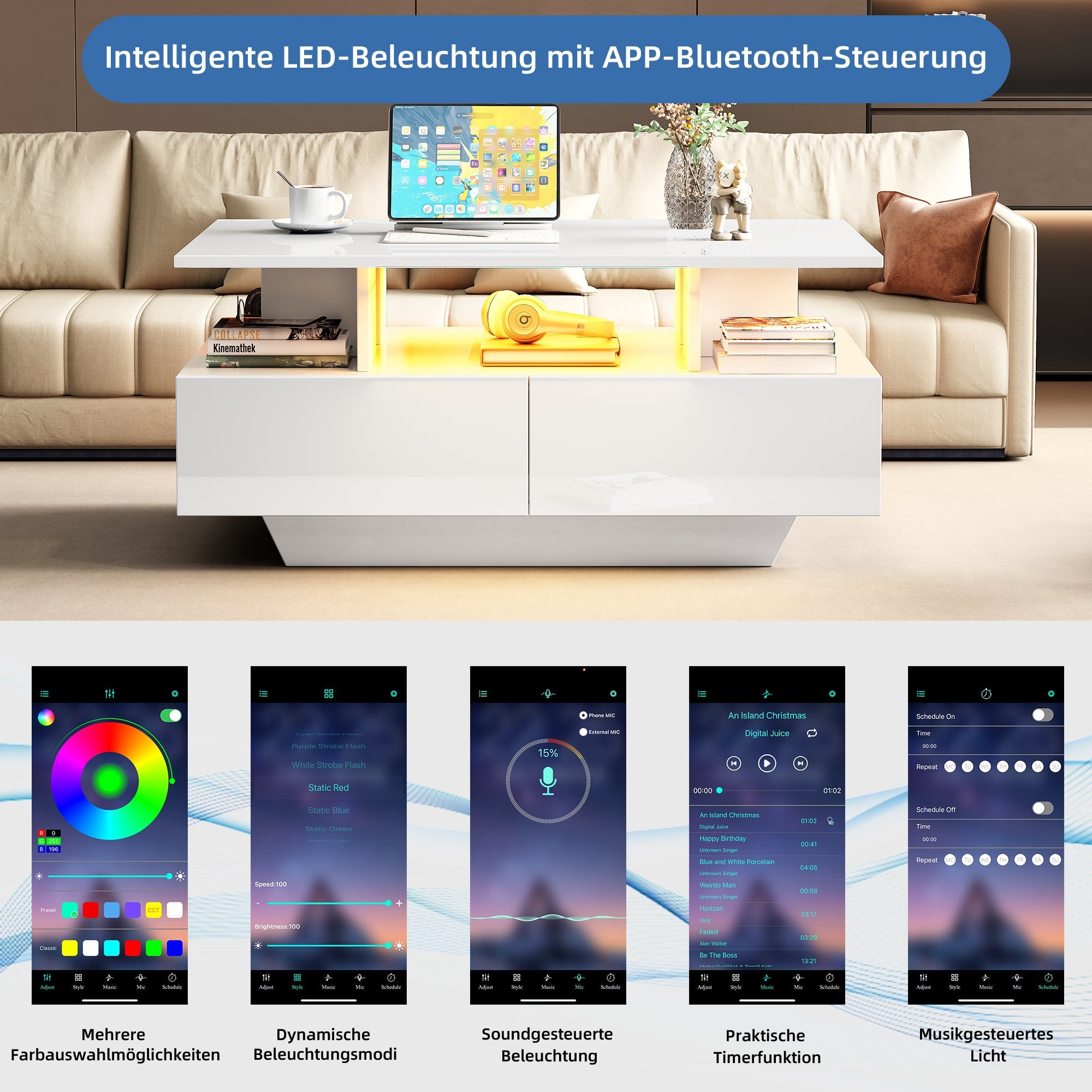 Logidon hoogglans salontafel LED, 2 lades, 90x55x41 cm wit