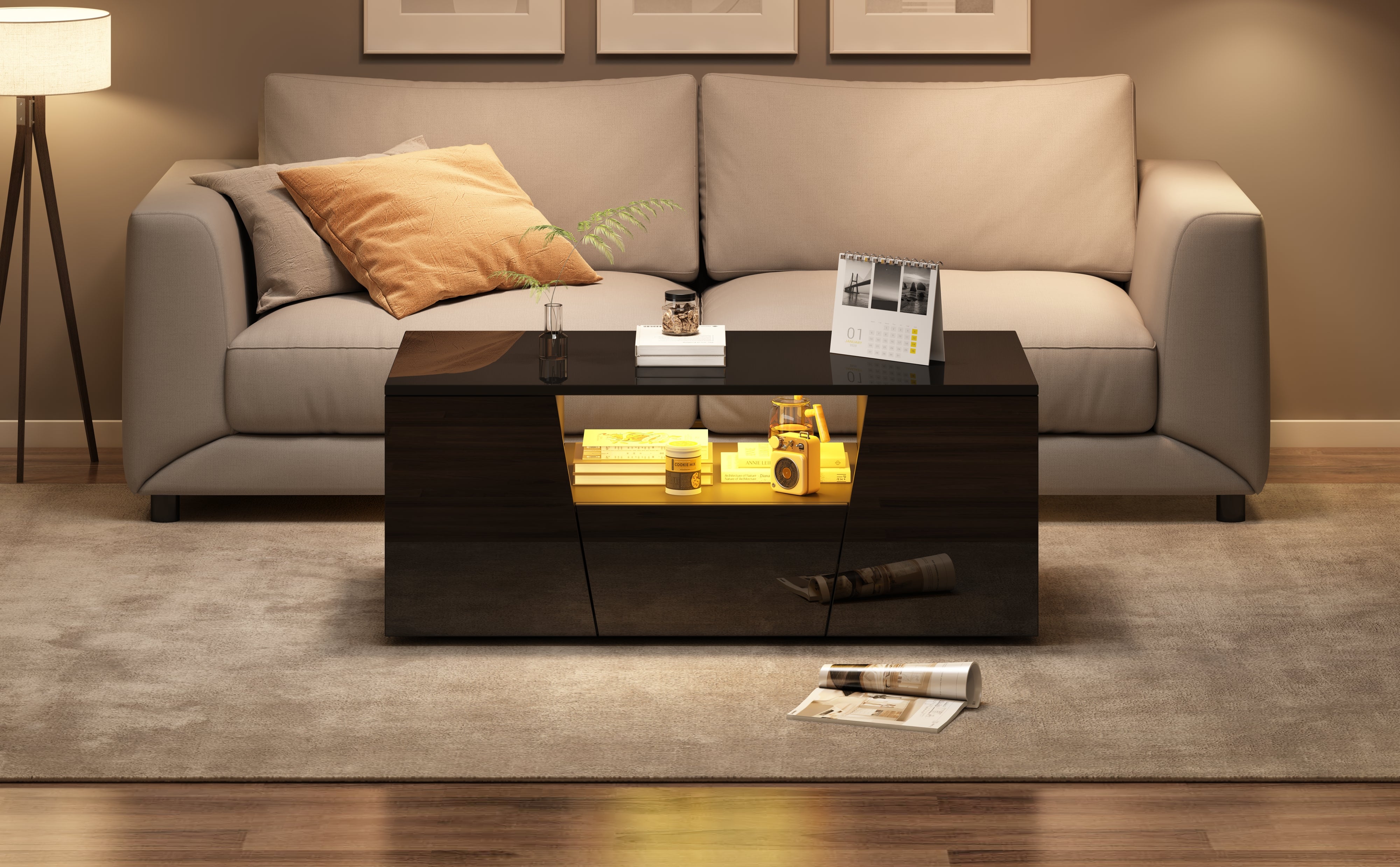 Logidon coffee table 100x50x40 cm black with LED 2 cabinets 1 drawer