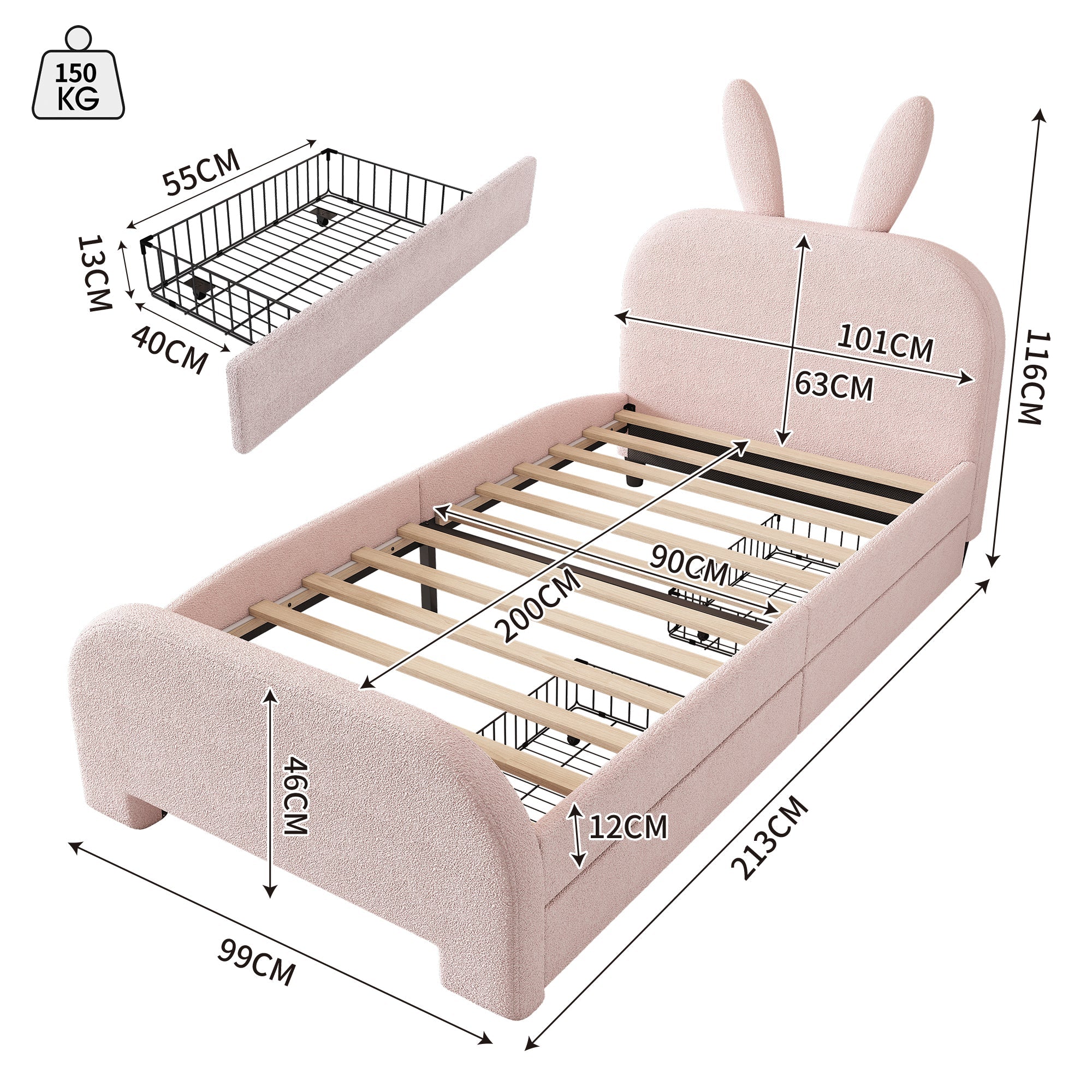 Logidon roze plat bed 90x200 in cartoon konijnvorm