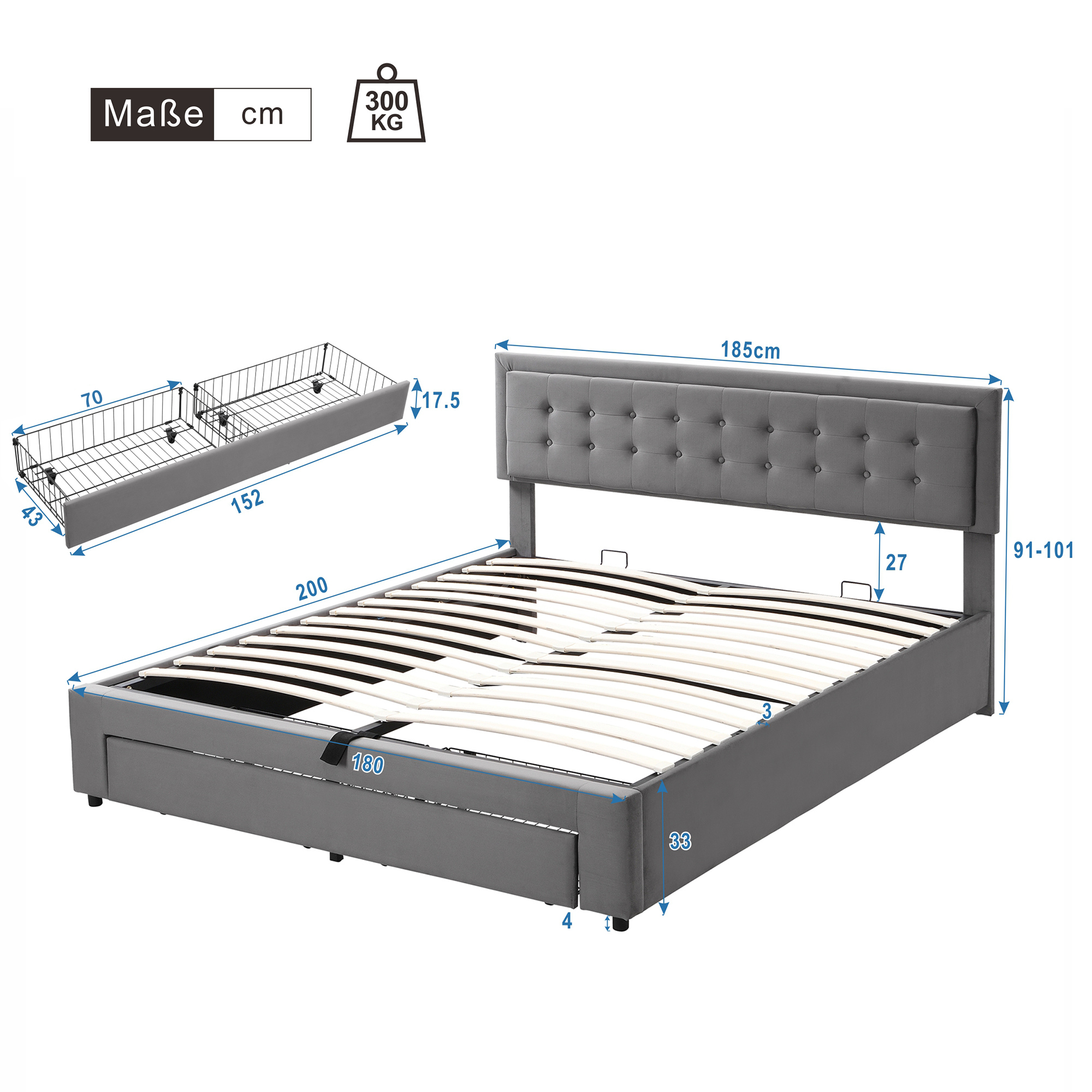 Logidon bed met opbergruimte en laadfunctie 180x200 grijze fluwelen stof