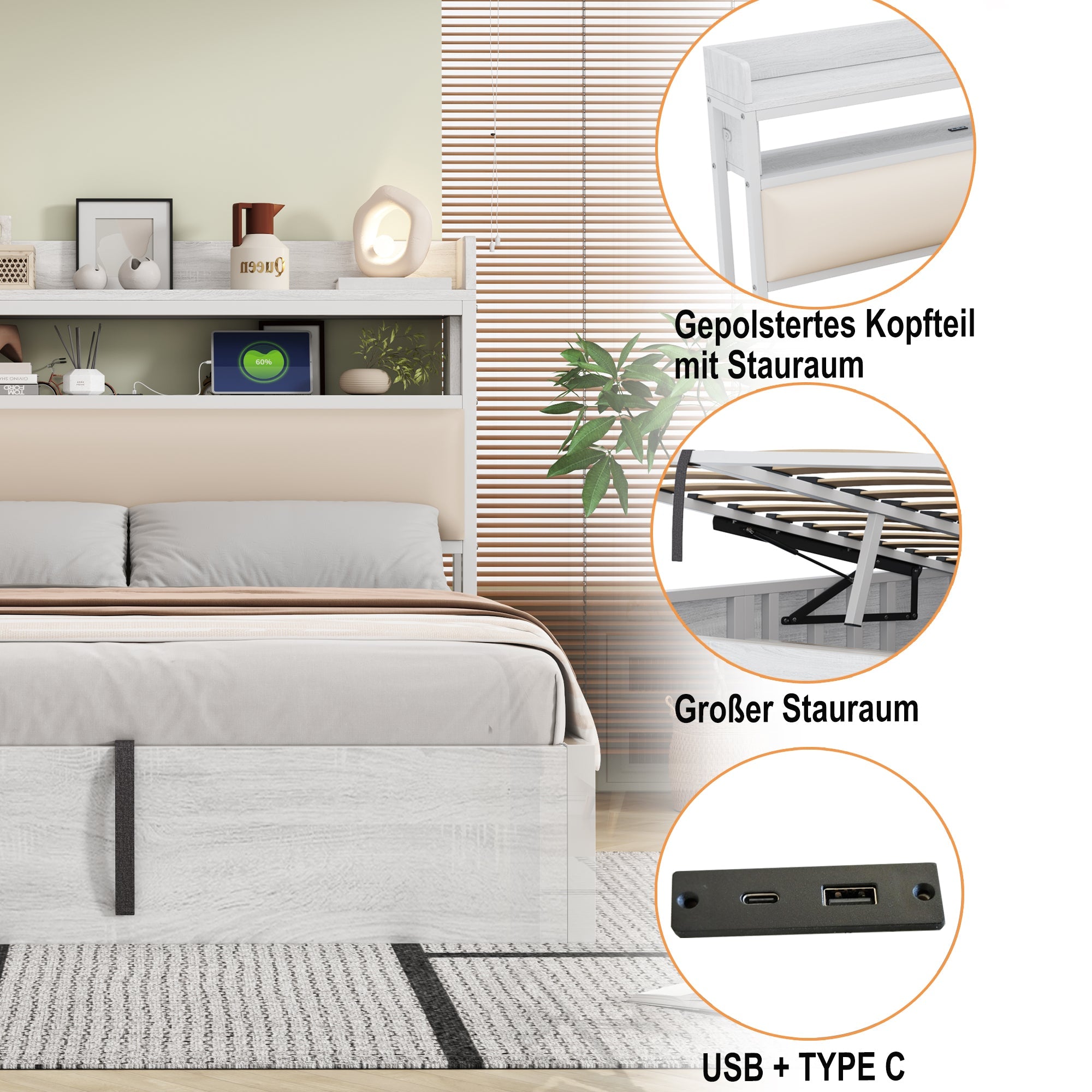 Logidon bedframe 140x200 cm met hydraulische opbergruimte USB hoofdbord wit