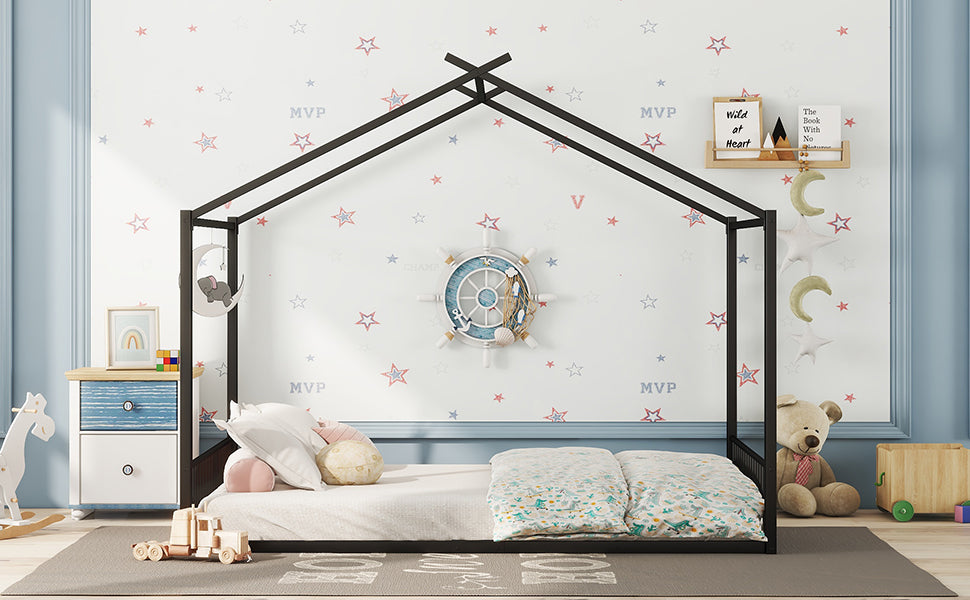 Logidon 140x200cm plat bed huisbed met ijzeren frame zwart