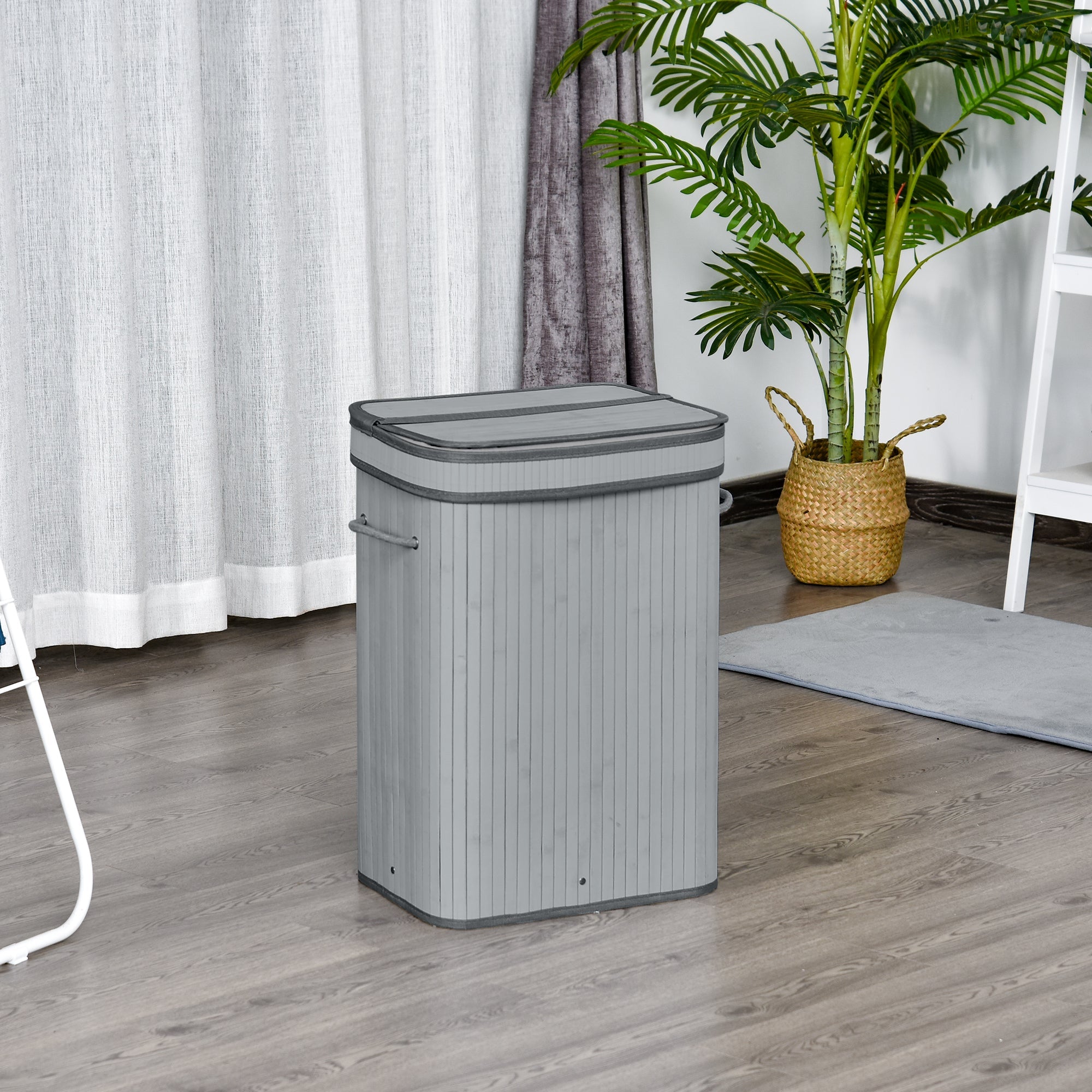 Logidon Bamboe Wasmand Smal Met Deksel Grijs 70 L Handvatten