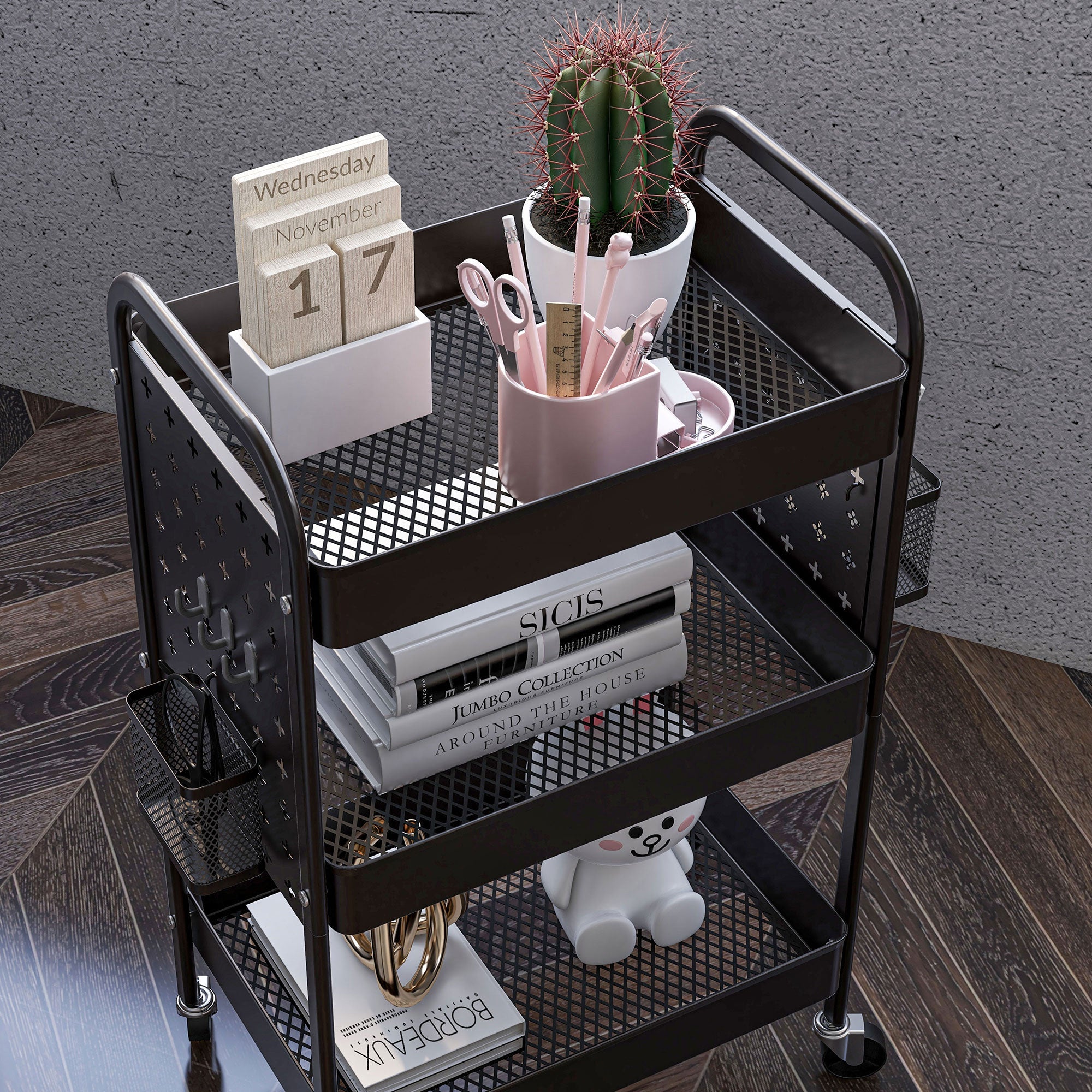 Logidon trolley serveerwagen zwart staal 3 niveaus 53,5x30,5x75 cm