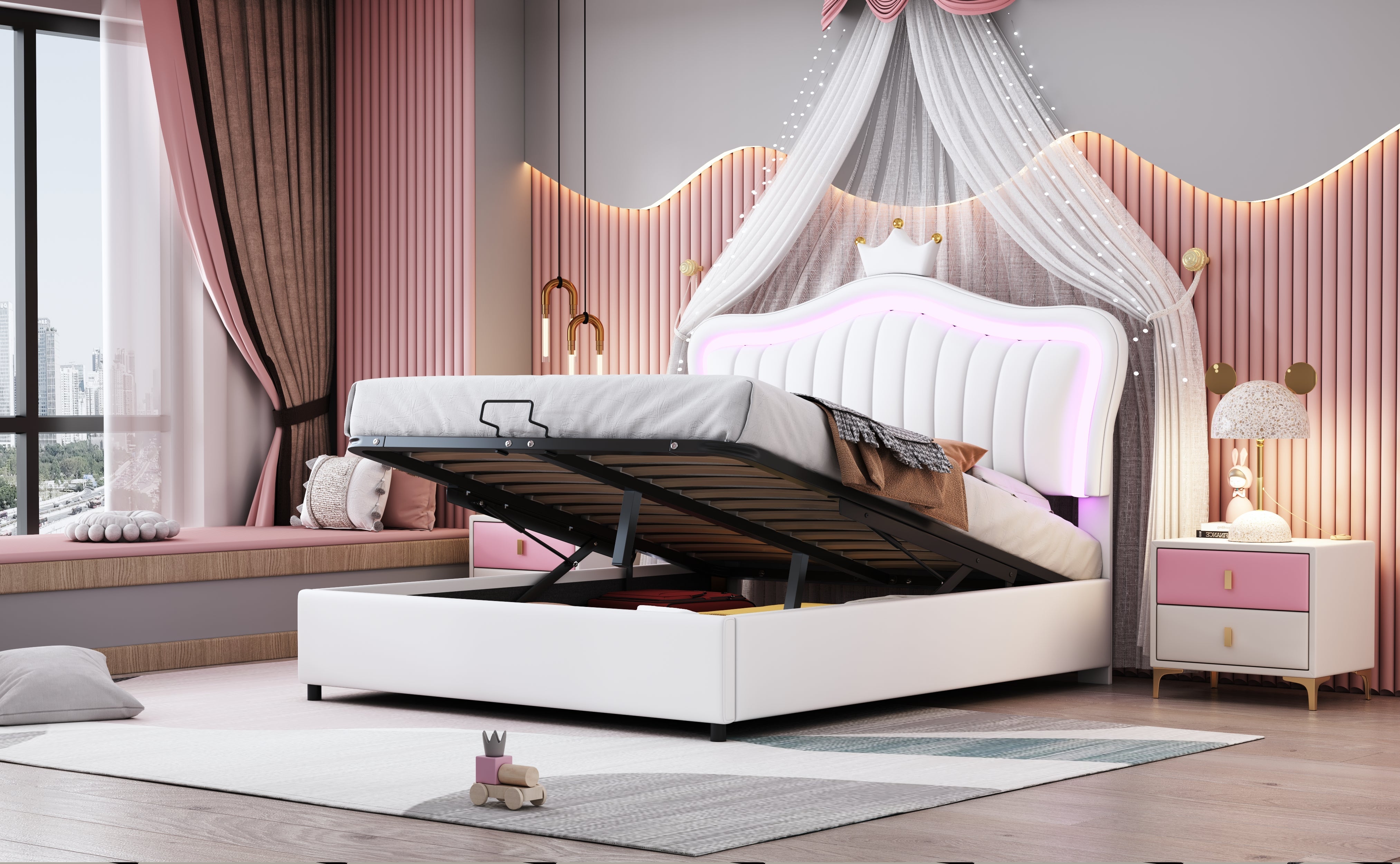 Logidon kinderbed 140 x 200 cm gestoffeerd bed met opbergruimte LED wit