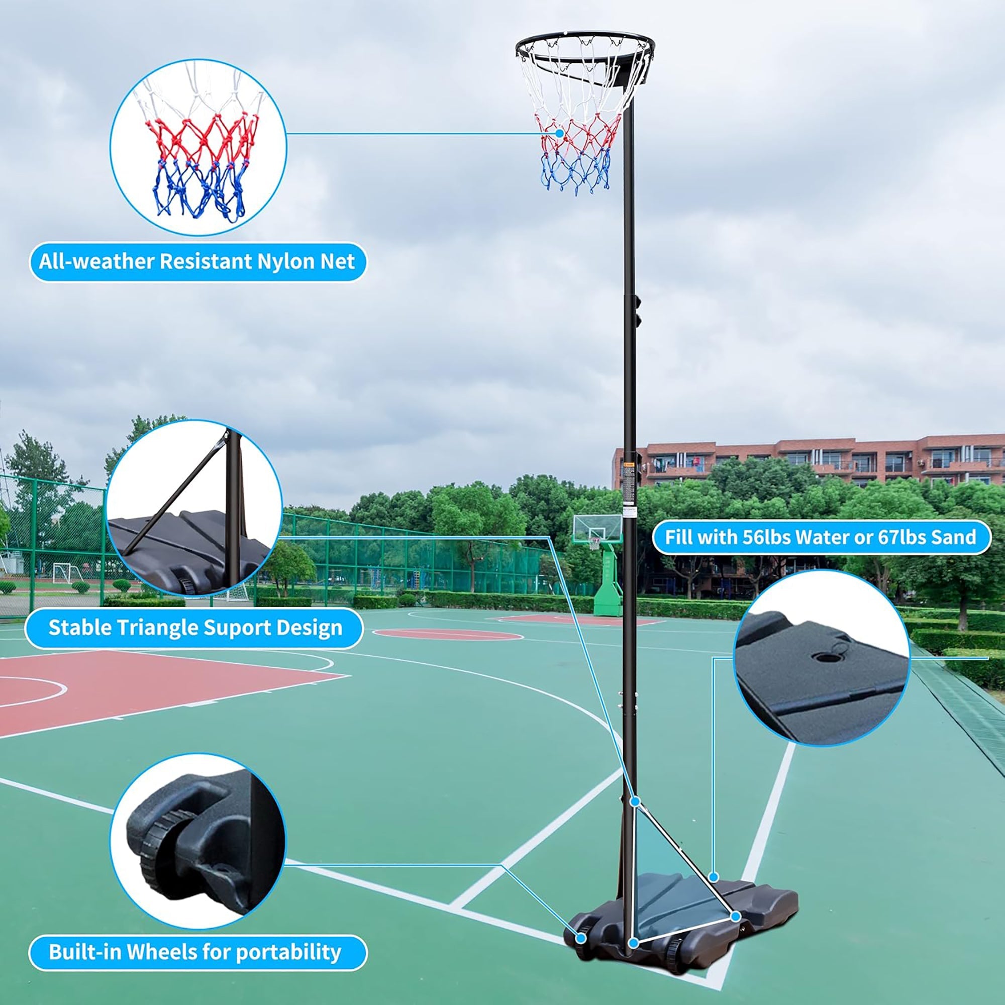 Logidon Verstelbare Basketbalstandaard met Wielen 2,6 tot 3,05 m