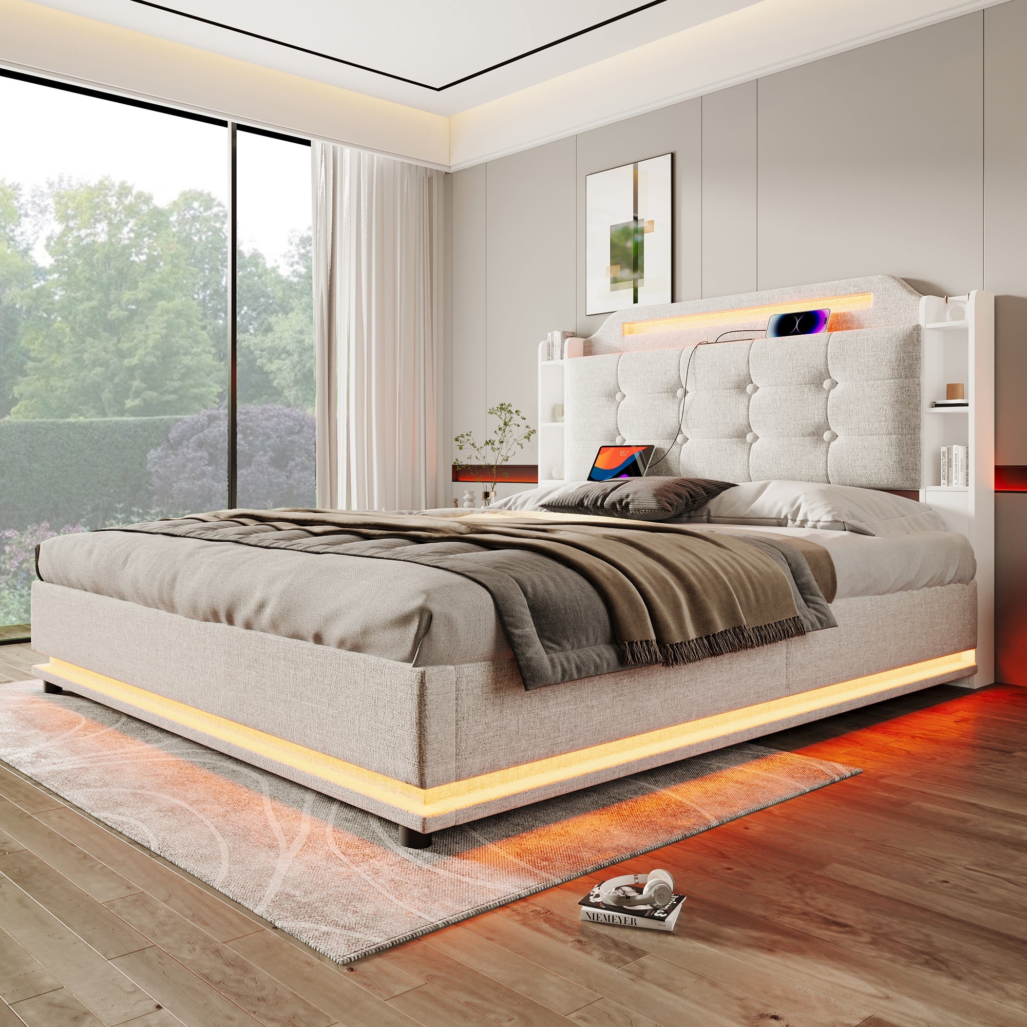 Logidon gestoffeerd bed 140x200 beige met LED lichtstrip en opbergruimte