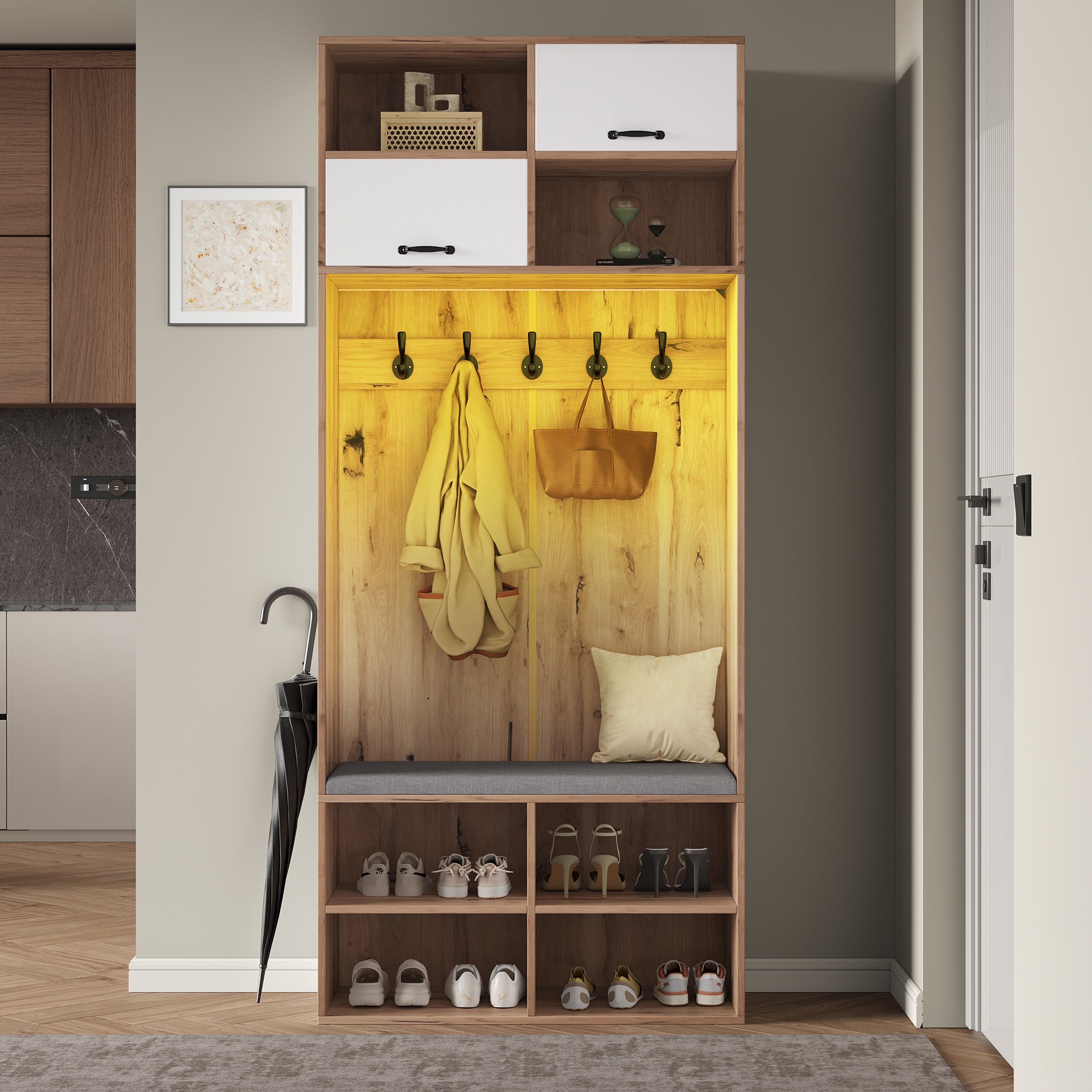 Logidon garderobekast met bank en 5 haken naturel wit 80x35x185cm