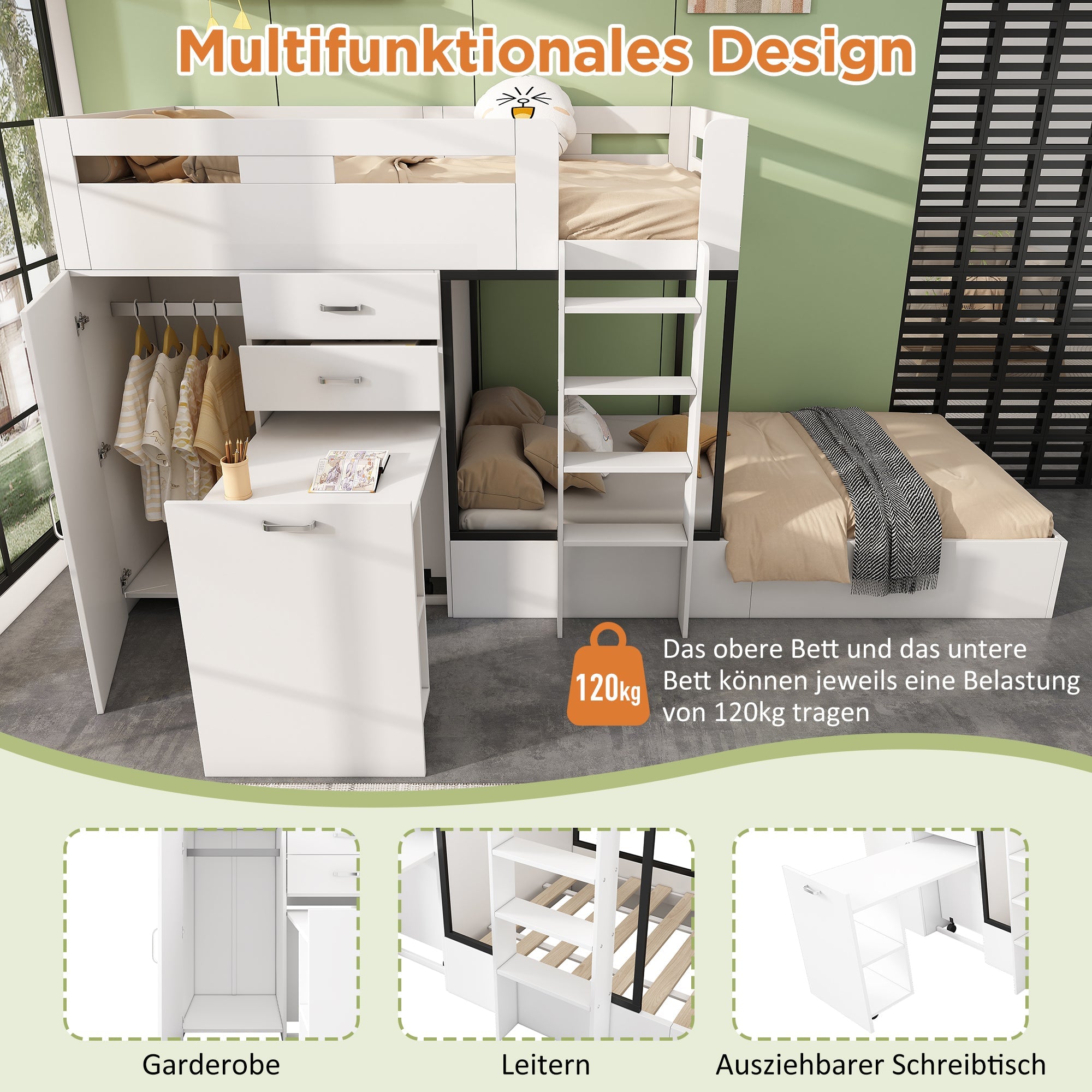 Logidon stapelbed met uitschuifbaar bureau en kledingkast wit 90x200