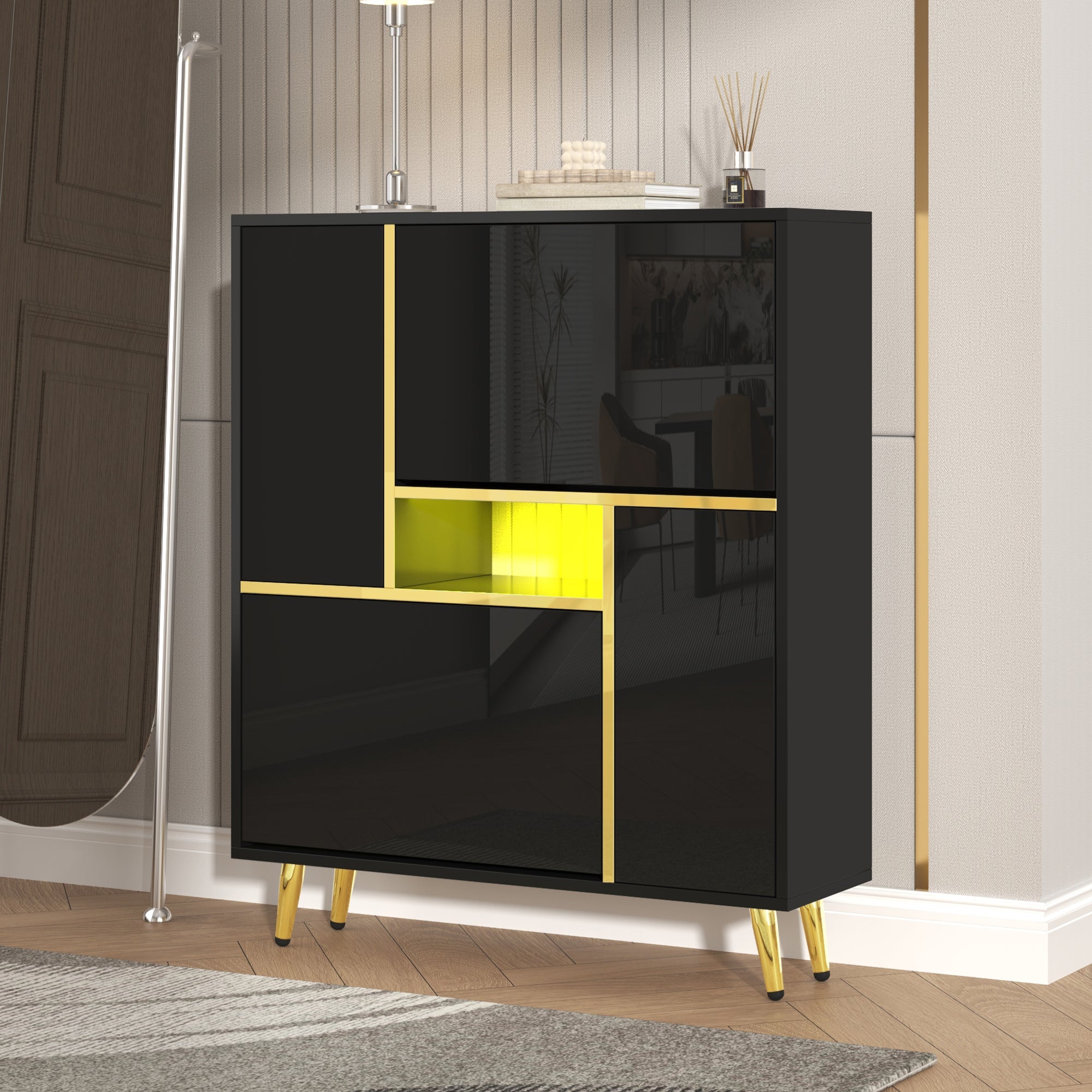 Logidon Moderne Schoenenkast Zwart Hoogglans LED 80x25x96 cm