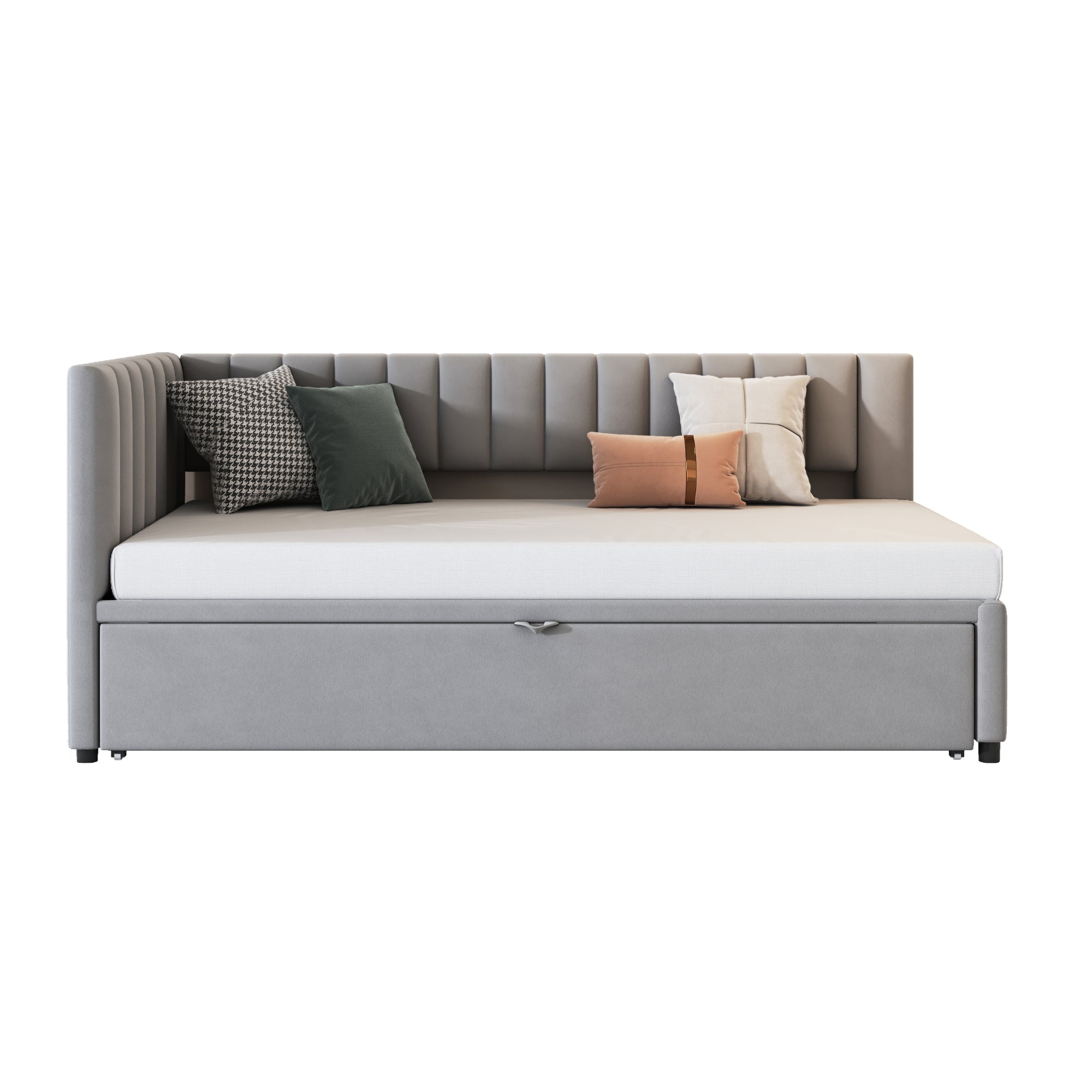 Logidon L-vorm slaapbank fluweelgrijs met onderschuifbed 90x200/180x200