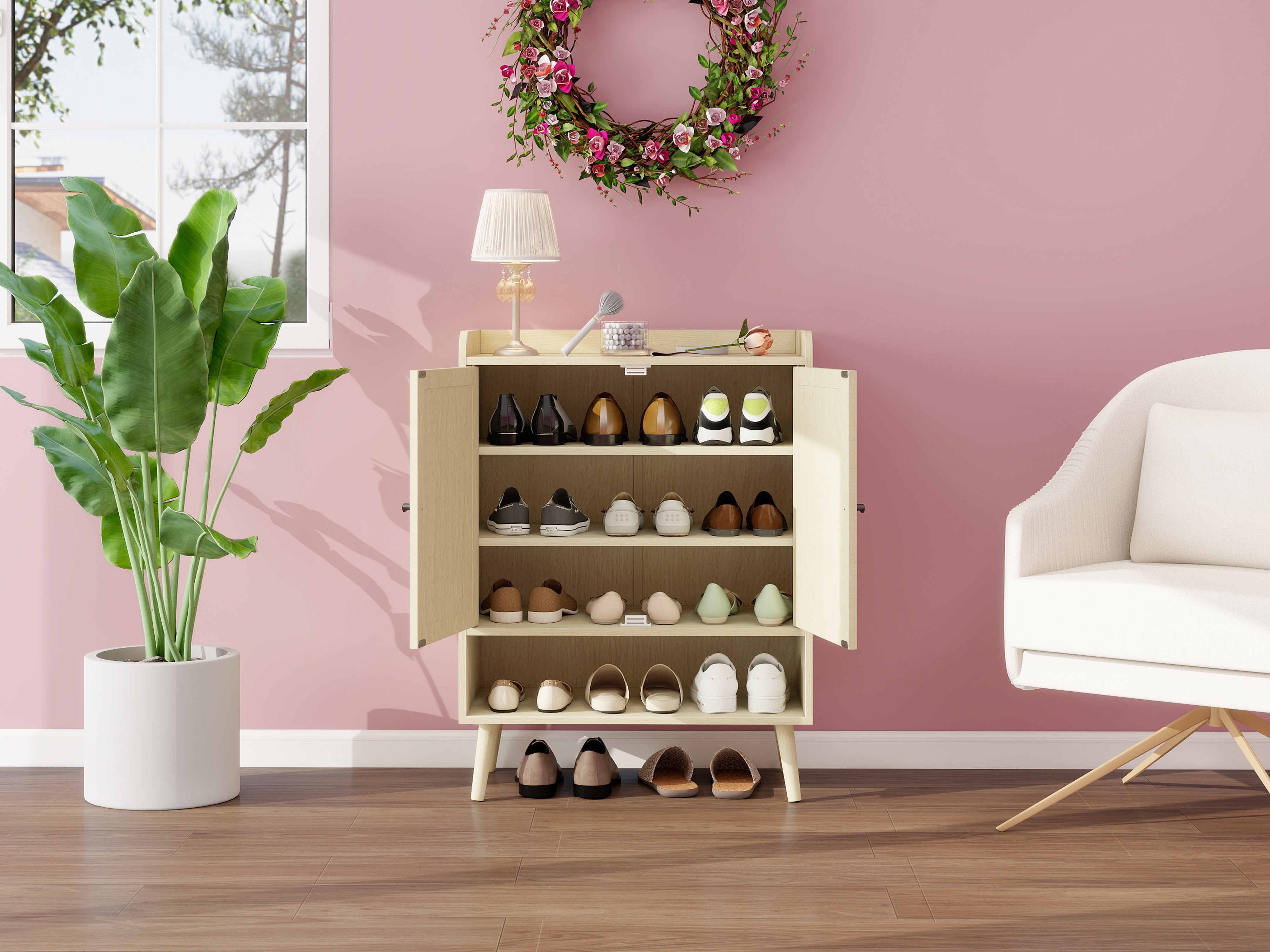Logidon schoenenkast naturel houtlook met dubbele deuren Rotan design
