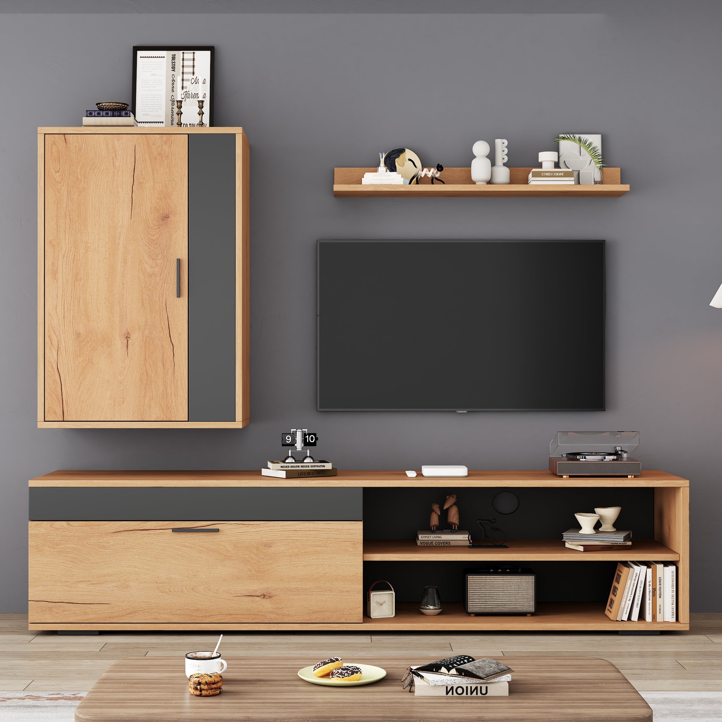 Logidon TV wandmeubelset 140 cm driedelig hout zwart