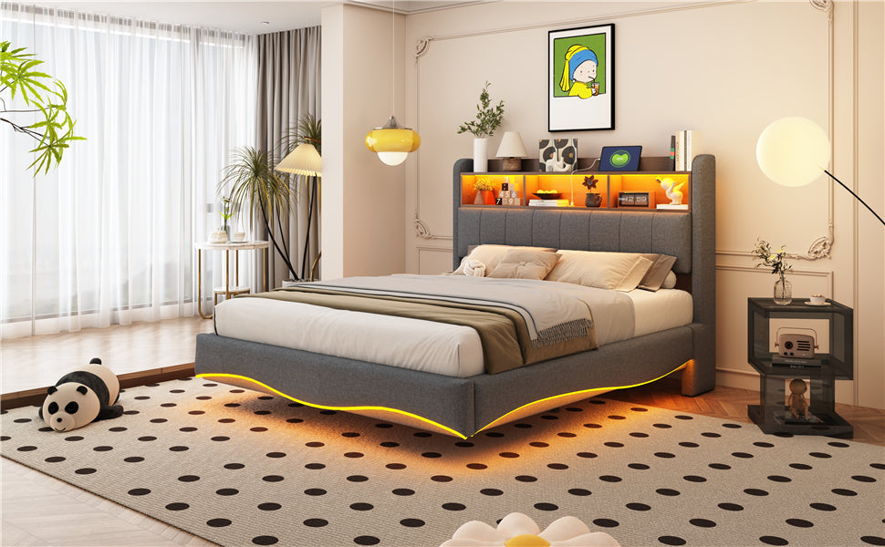 Logidon upholstered bed 140x200 gray with LED light USB storage space