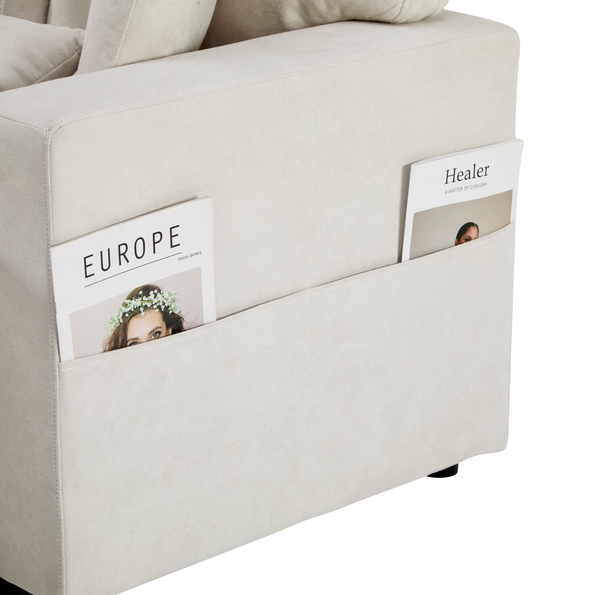 Logidon corner sofa bed L-shape extendable beige with bed box shelf
