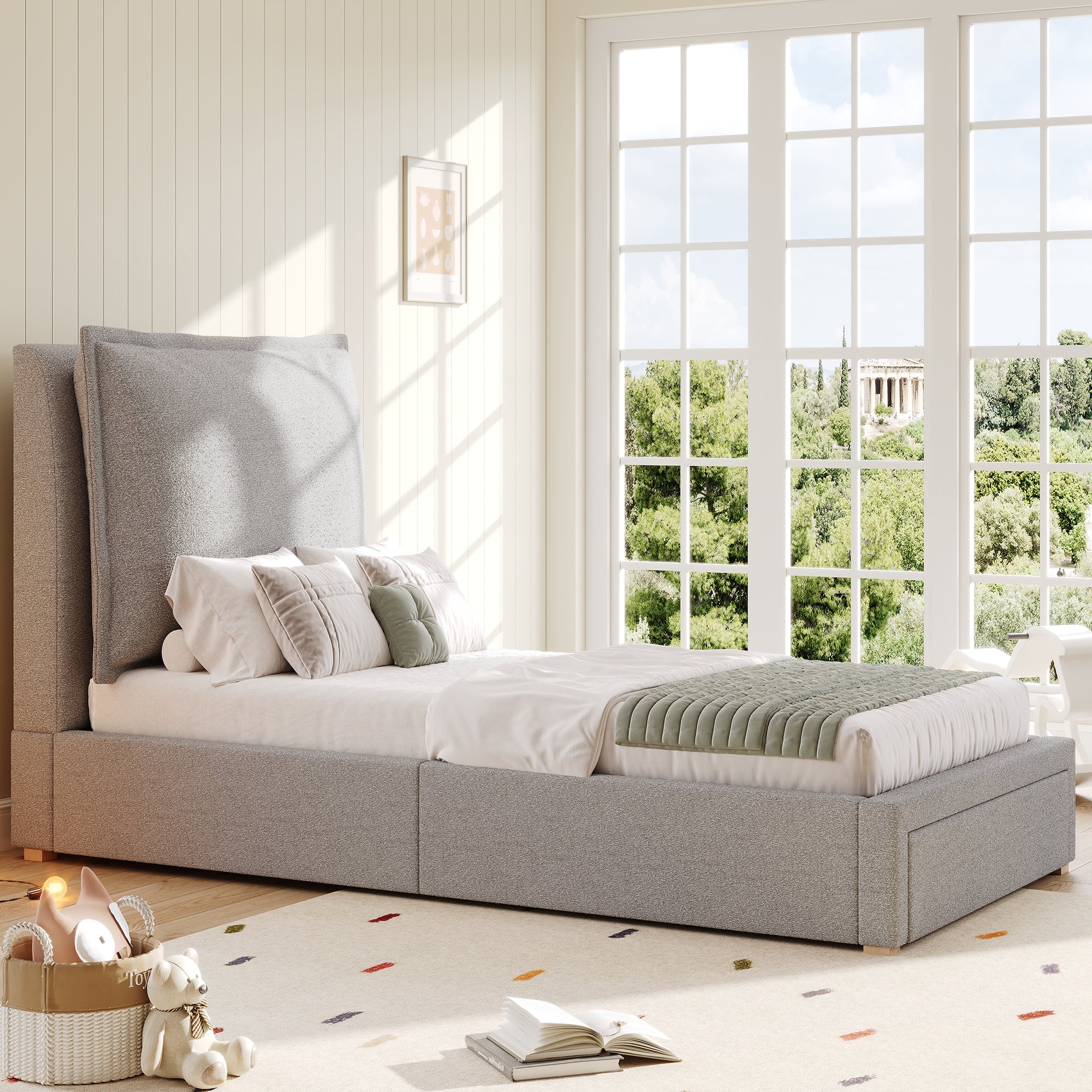 Logidon gestoffeerd bed 90x200 cm functioneel bed grote lade grijze chenille