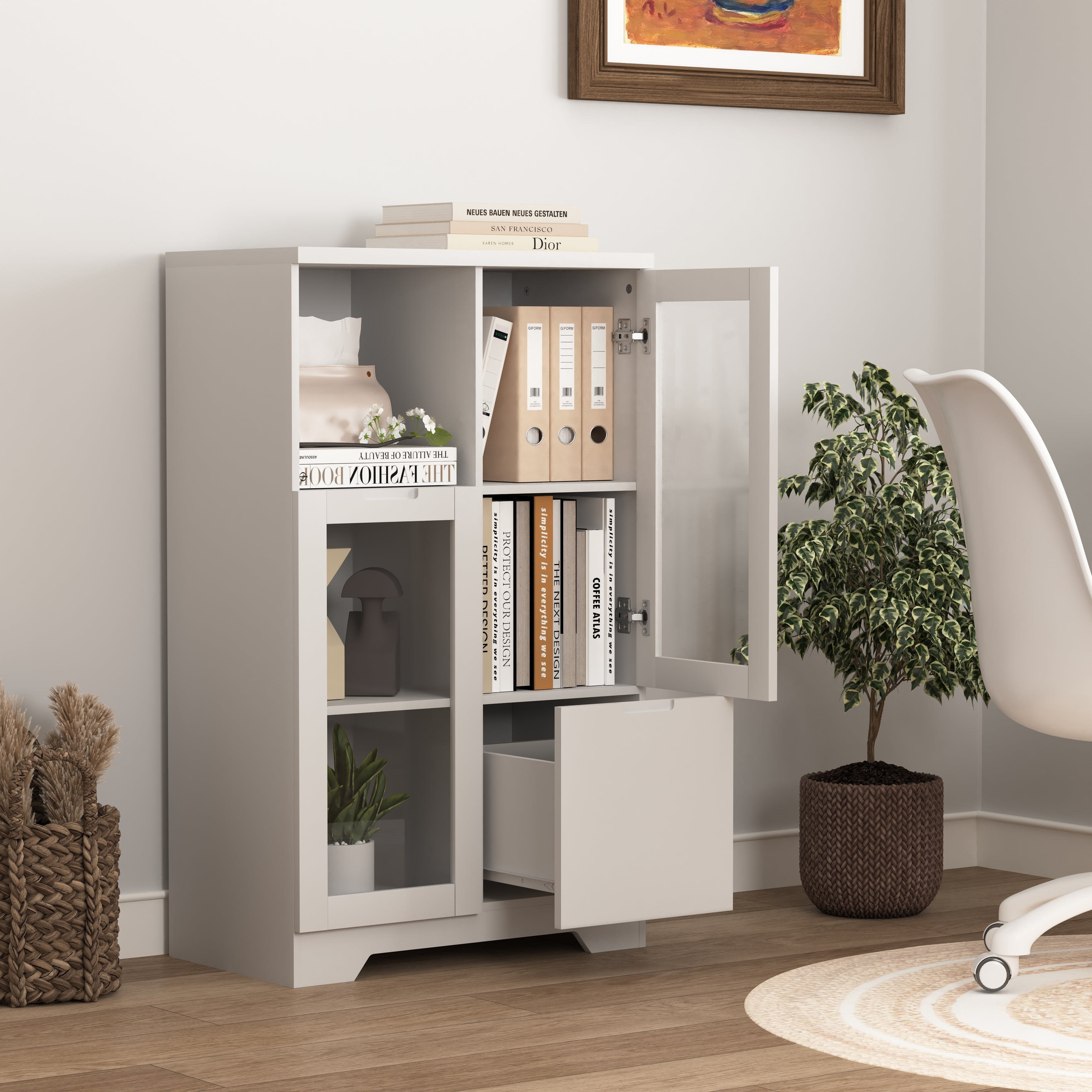 Logidon Witte MDF Kast Met Glazen Deurtjes En Lade 100cm