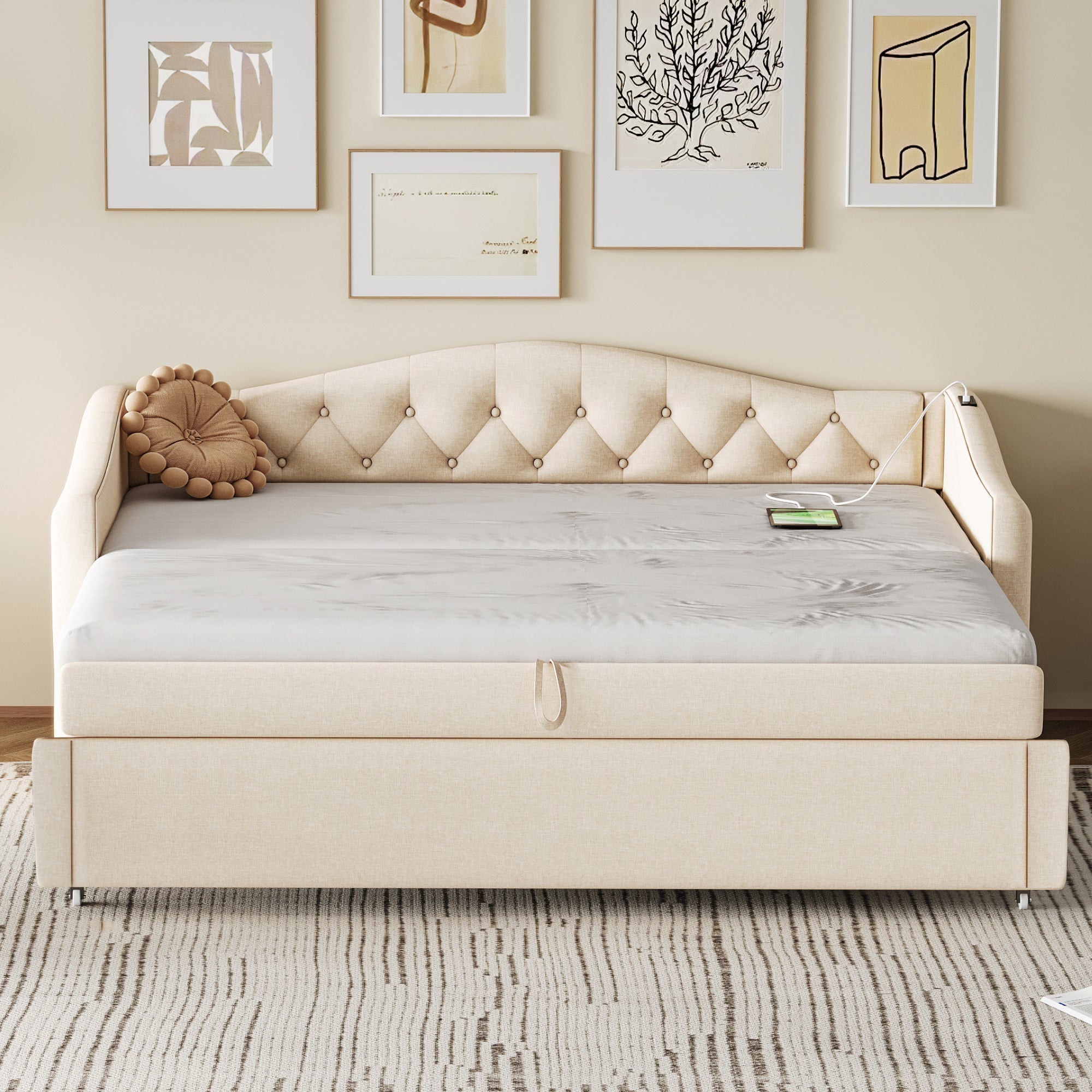 Logidon uitschuifbare slaapbank 90x200 beige met USB-poort