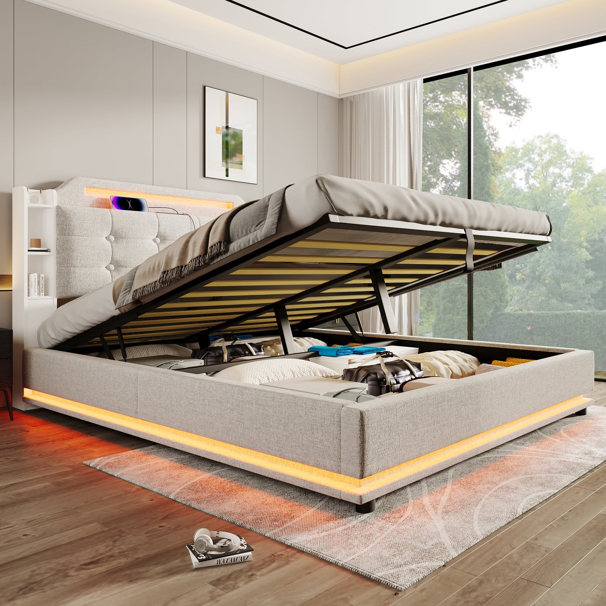 Logidon gestoffeerd bed 140x200 beige met LED lichtstrip en opbergruimte