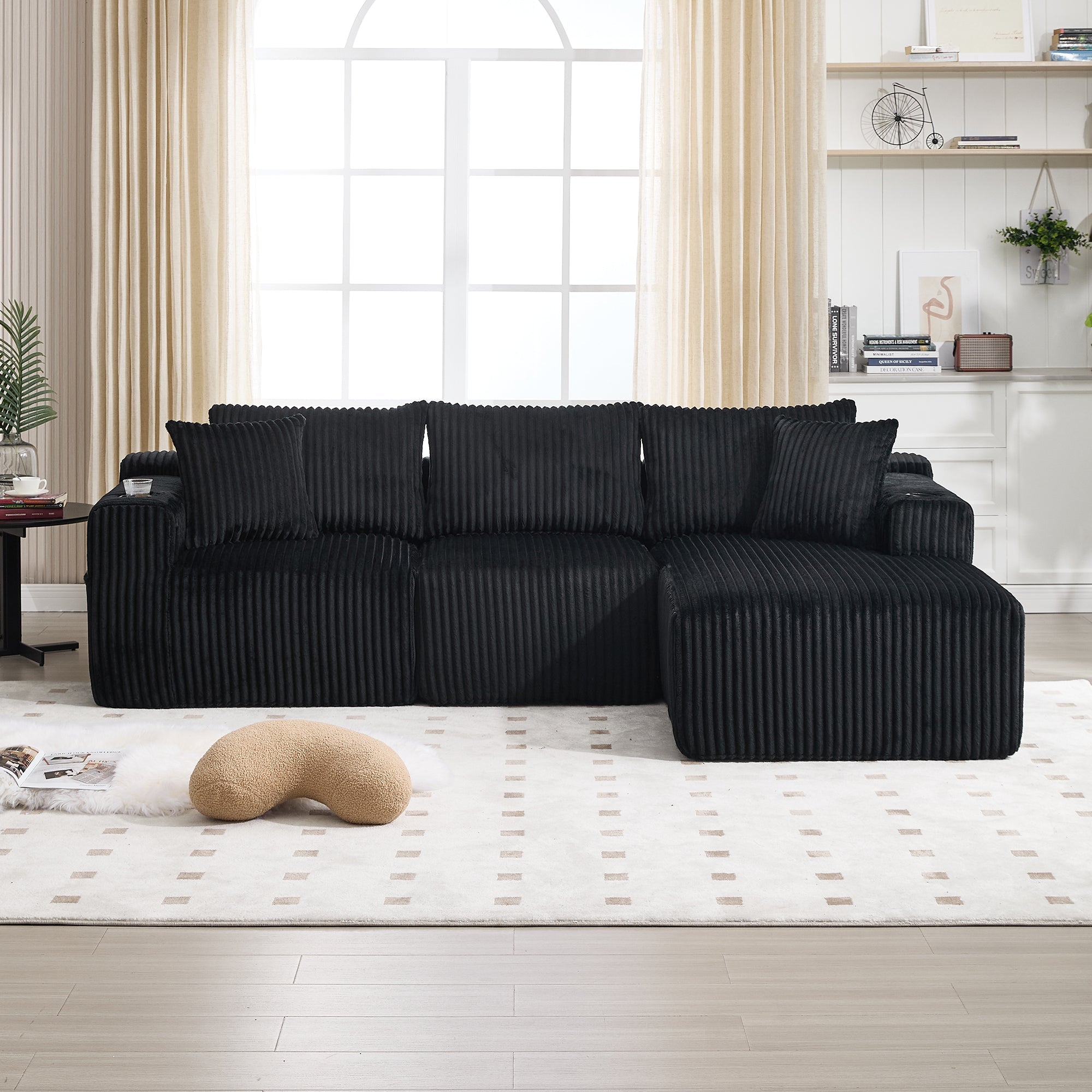 Logidon modulaire bankstel met chaise longue, 2-zitsbank, zwart corduroy