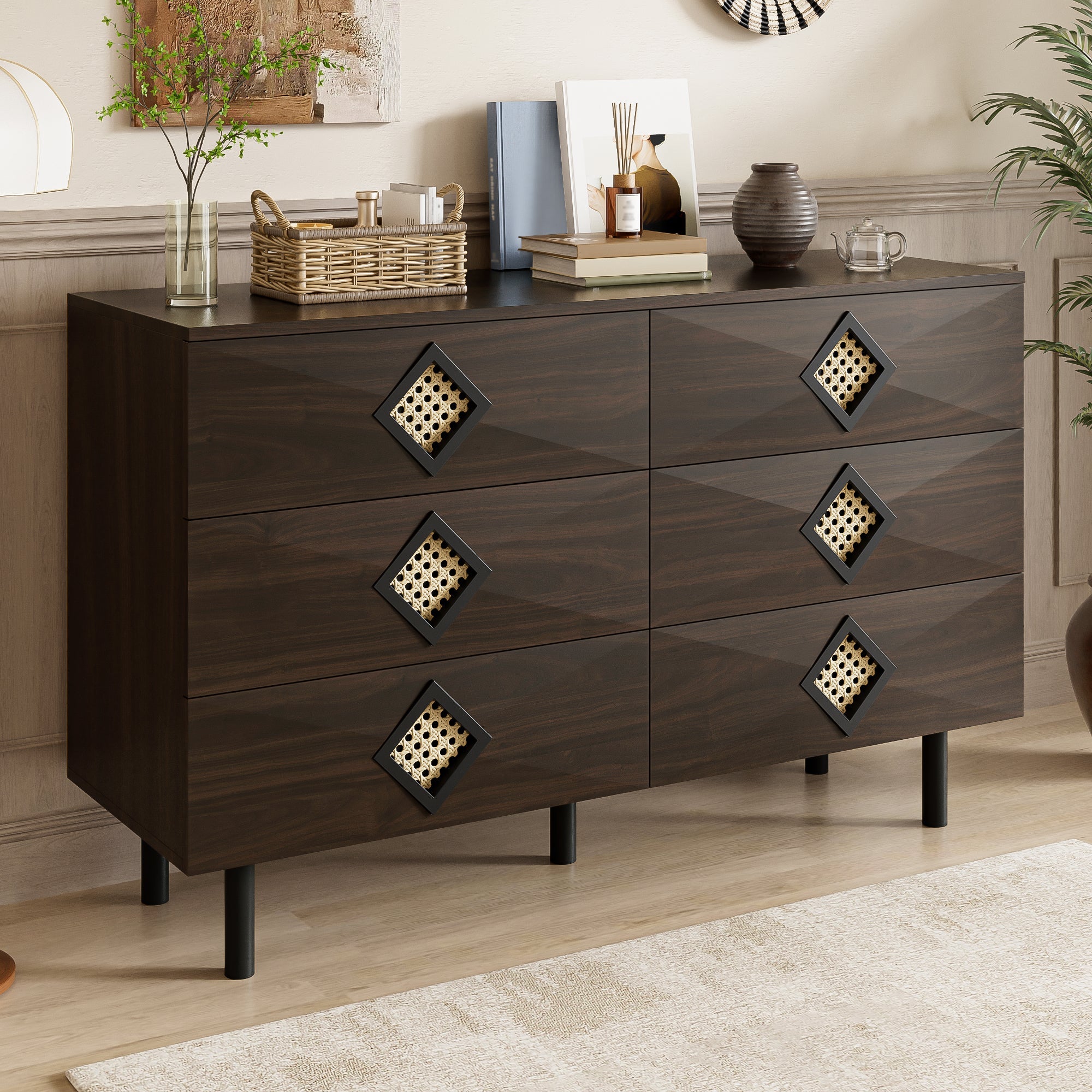 Logidon Elegante kaptafel met 6 laden, walnoot met rotan handvat