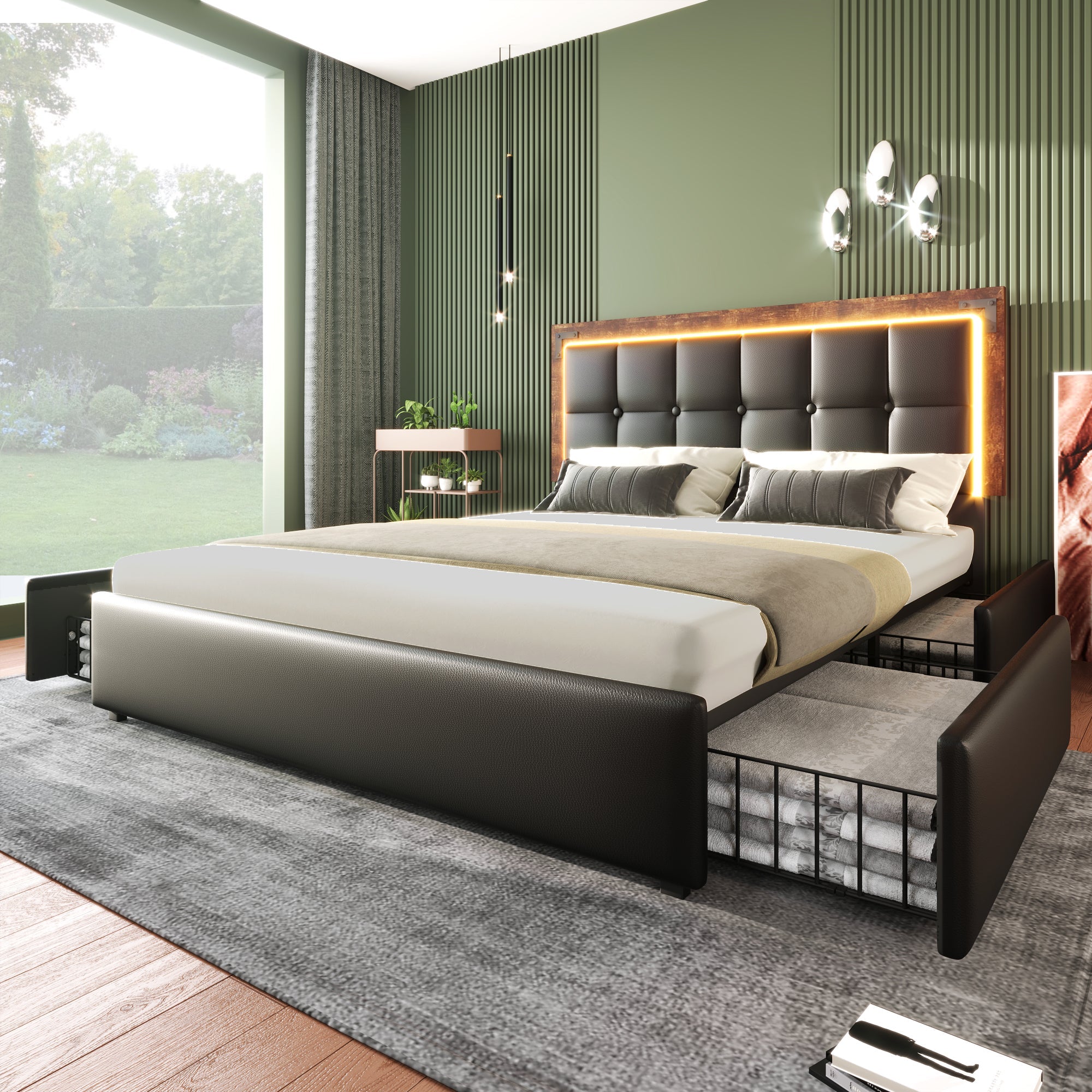Logidon bedframe 140x200 met LED-verlichting 4 lades zwart