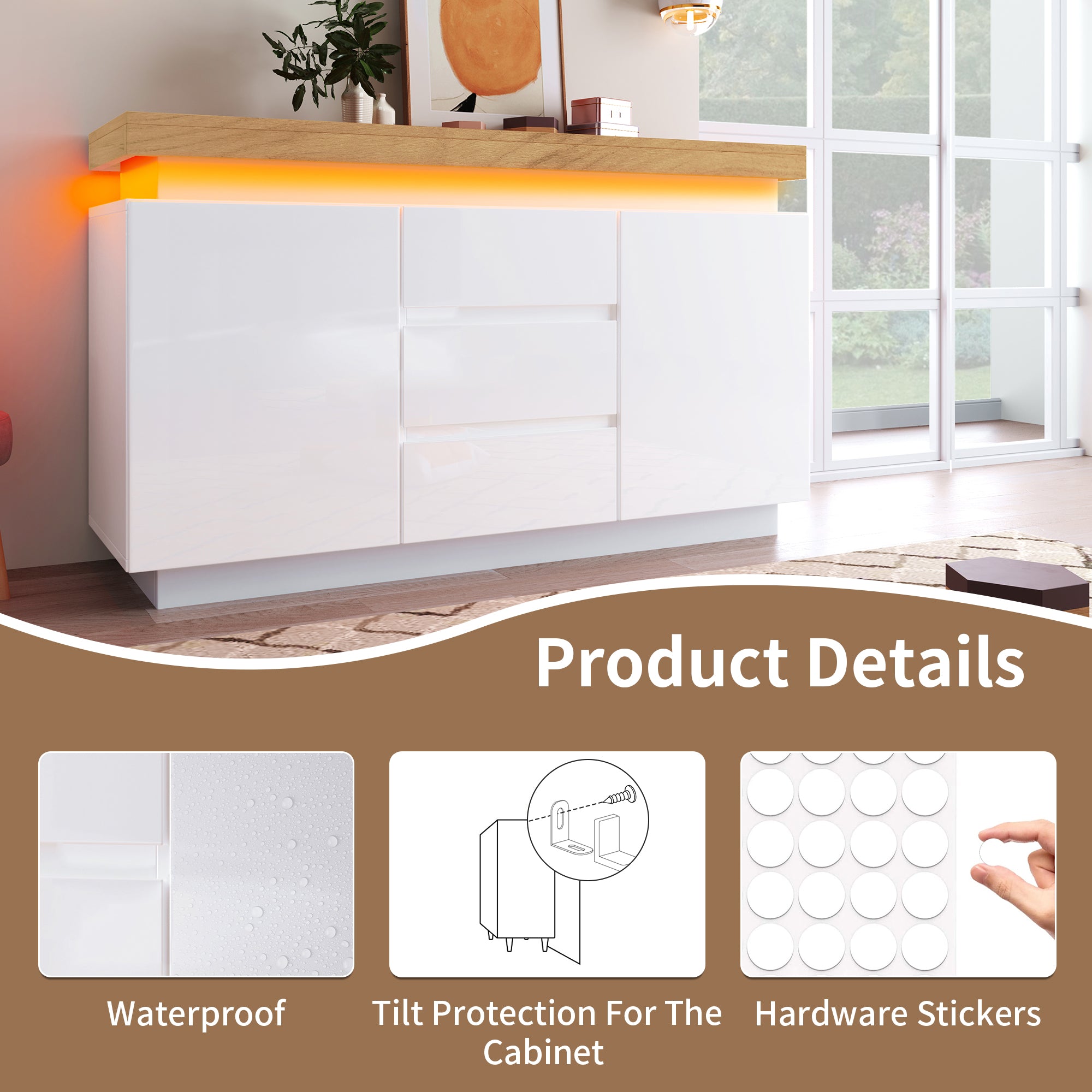 Logidon Wit Dressoir Met LED Verlichting 2 Deurs 3 Lades