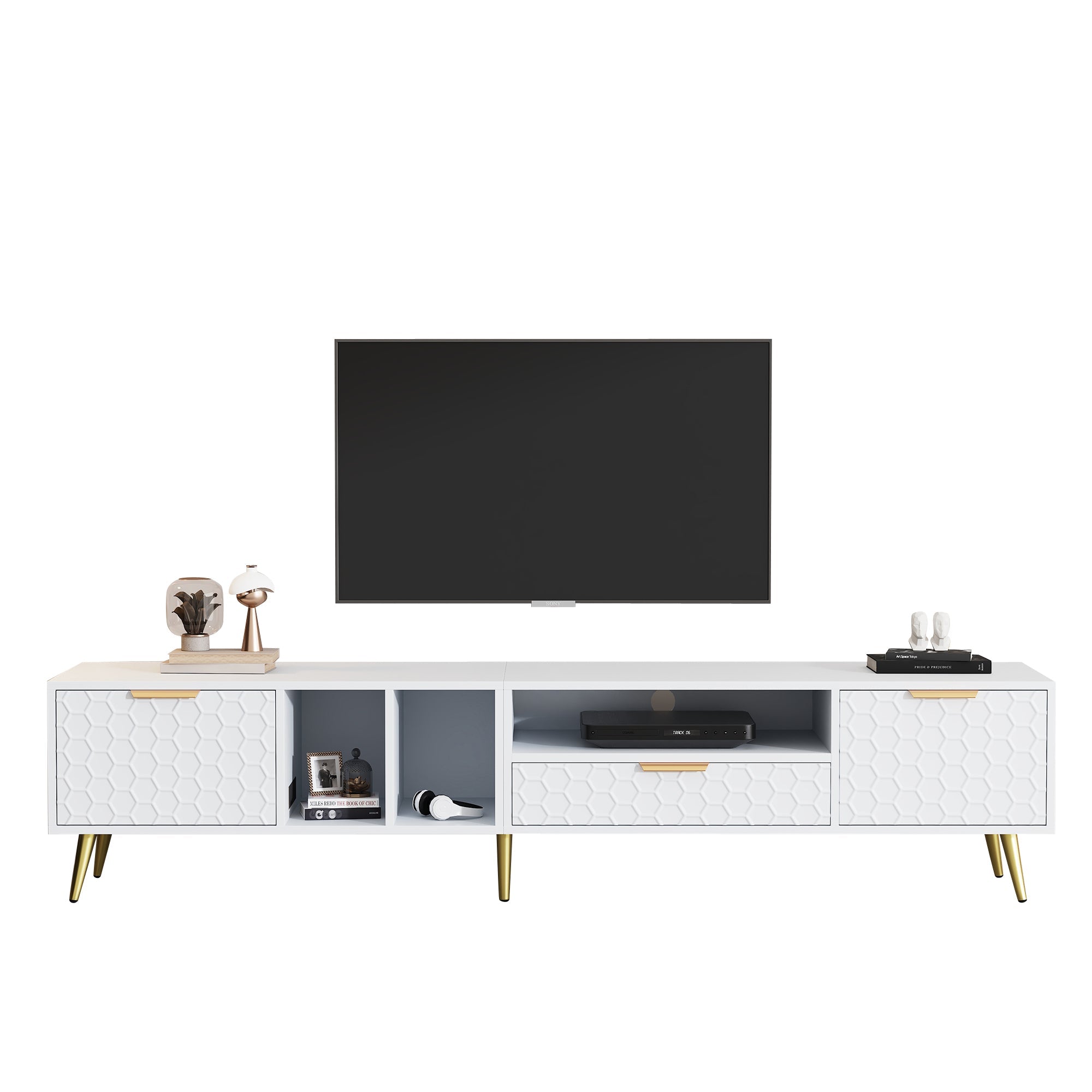 Logidon White TV Stand with Honeycomb Pattern and Storage Space for up to 80 Inches