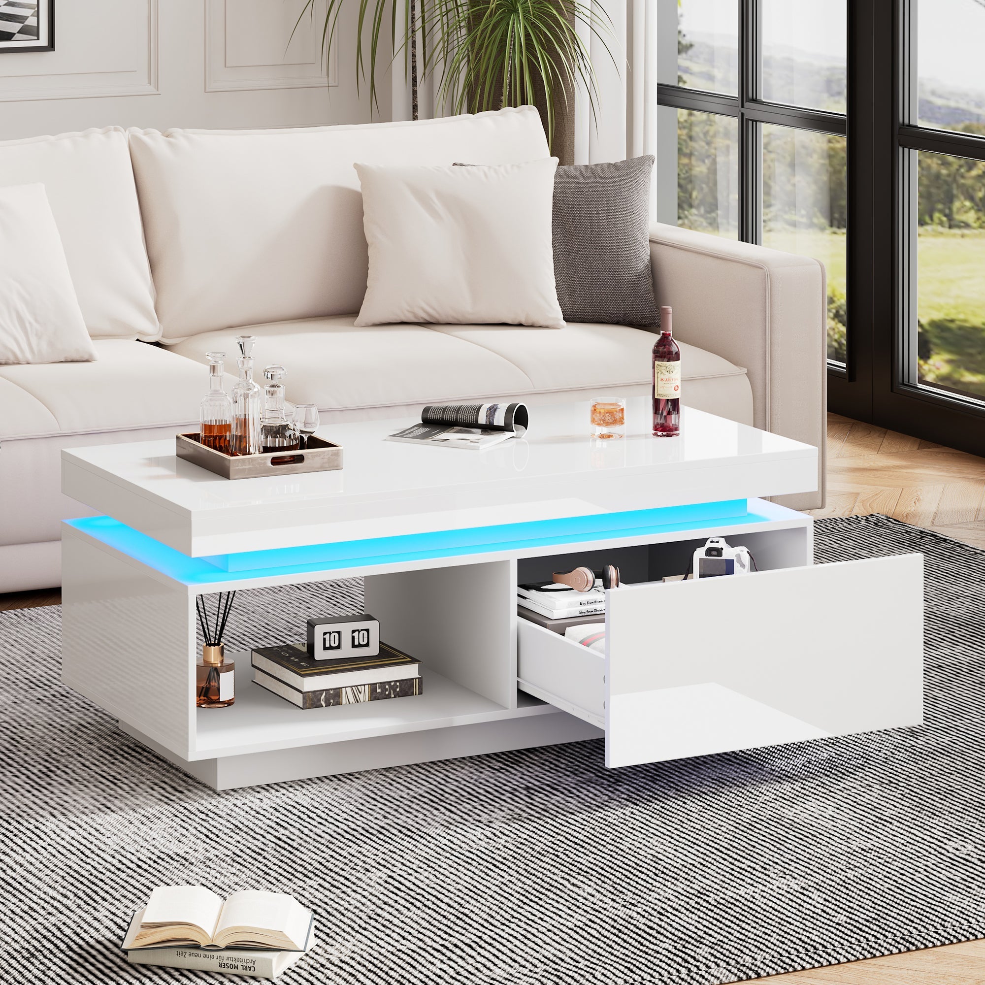 Logidon hoogglans witte salontafel met LED verlichting 100x50x40,3 cm