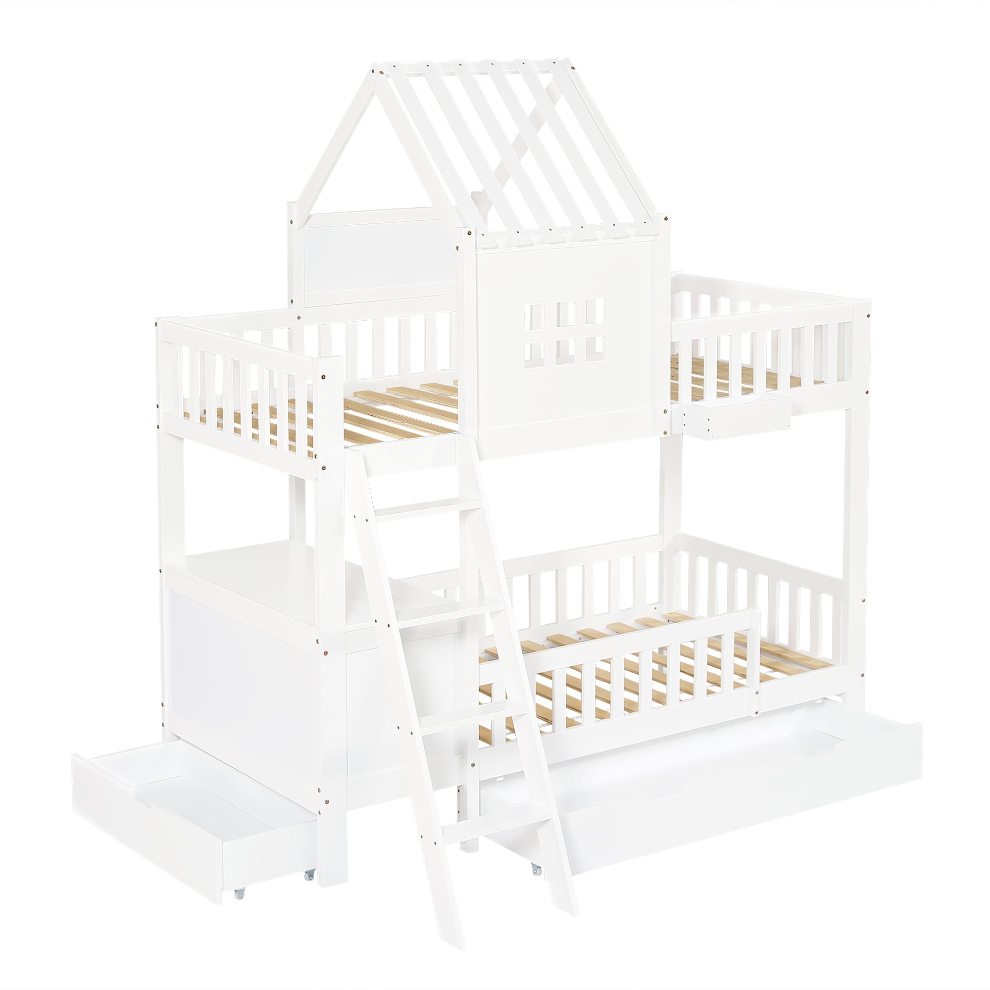 Logidon stapelbed 90x200 wit met dak, raam en 2 lades