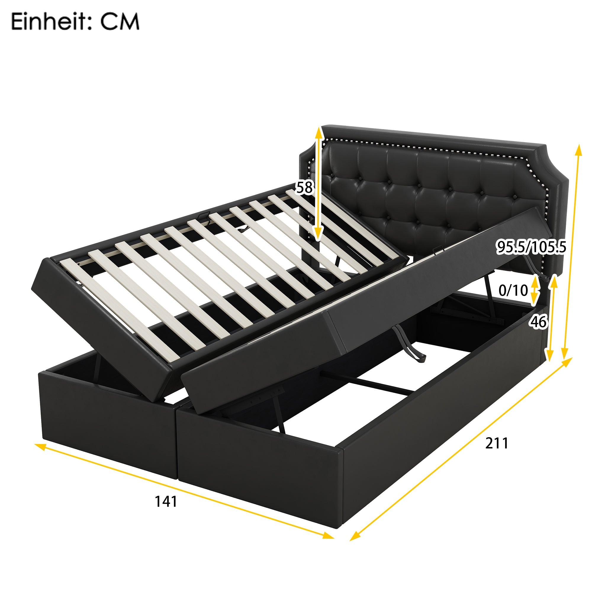 Logidon 140x200 cm gestoffeerd bed zwart met opbergruimte en lattenbodem