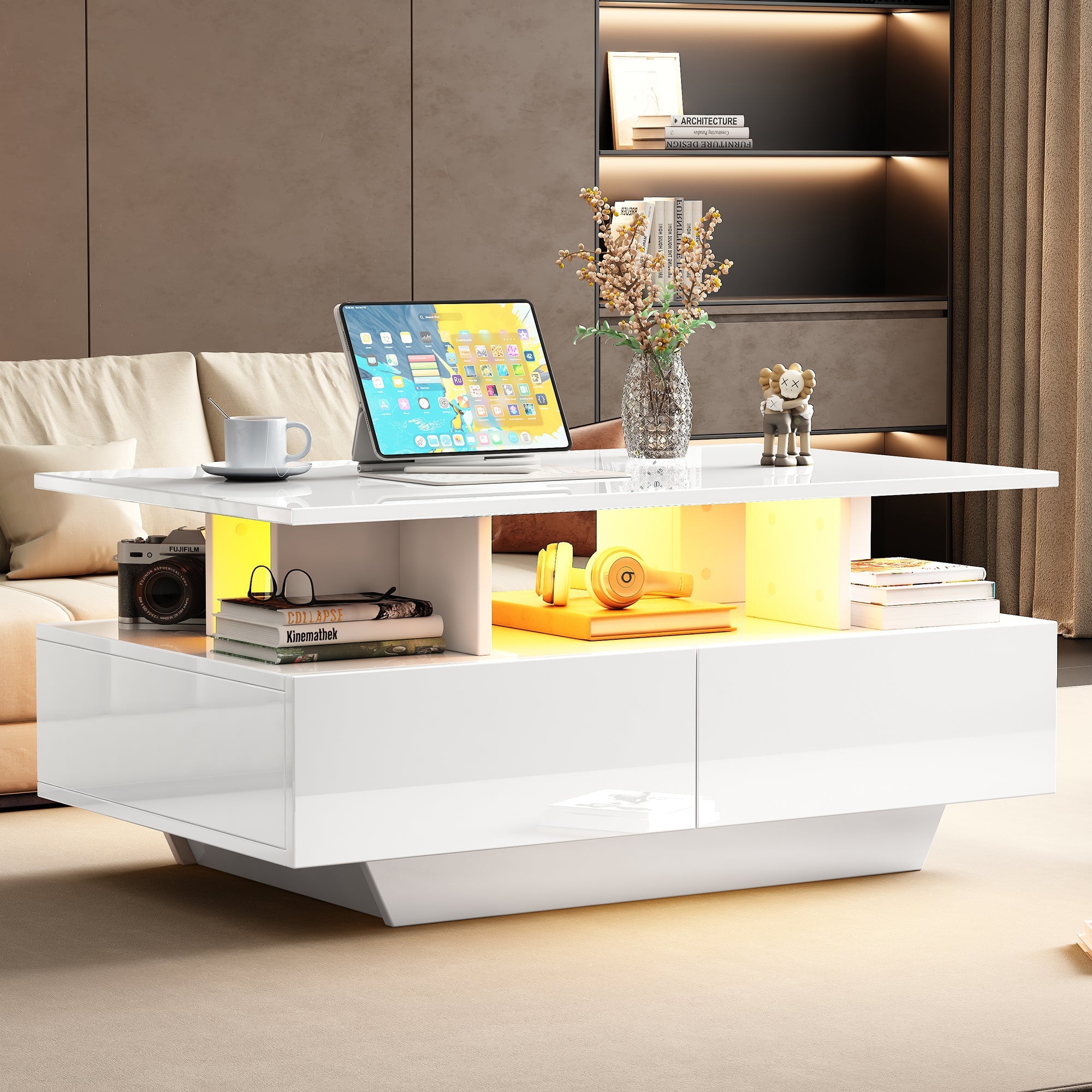 Logidon hoogglans salontafel LED, 2 lades, 90x55x41 cm wit