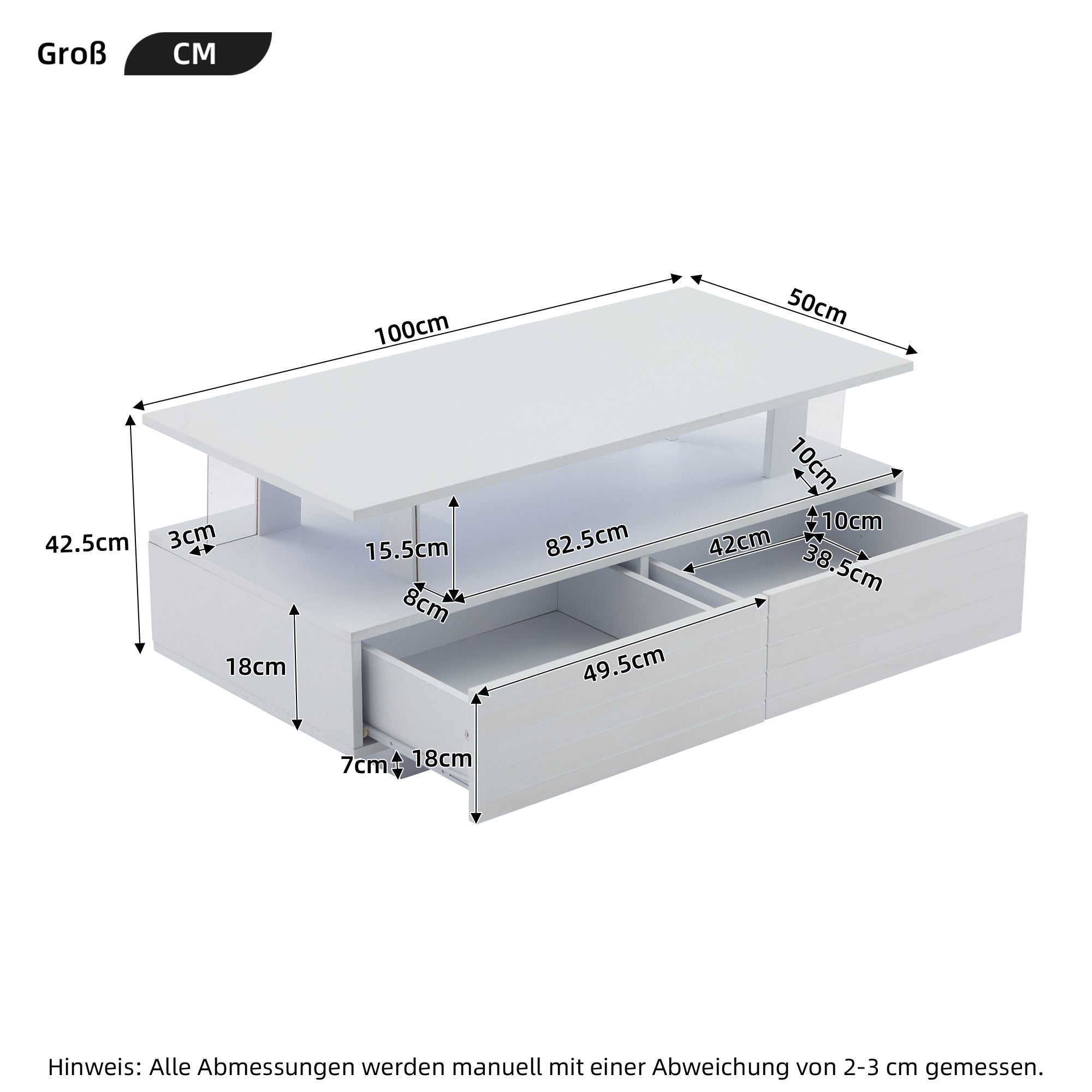 Logidon Witte LED Salontafel met Opbergruimte Bluetooth App Bediening 100x50x42 Cm
