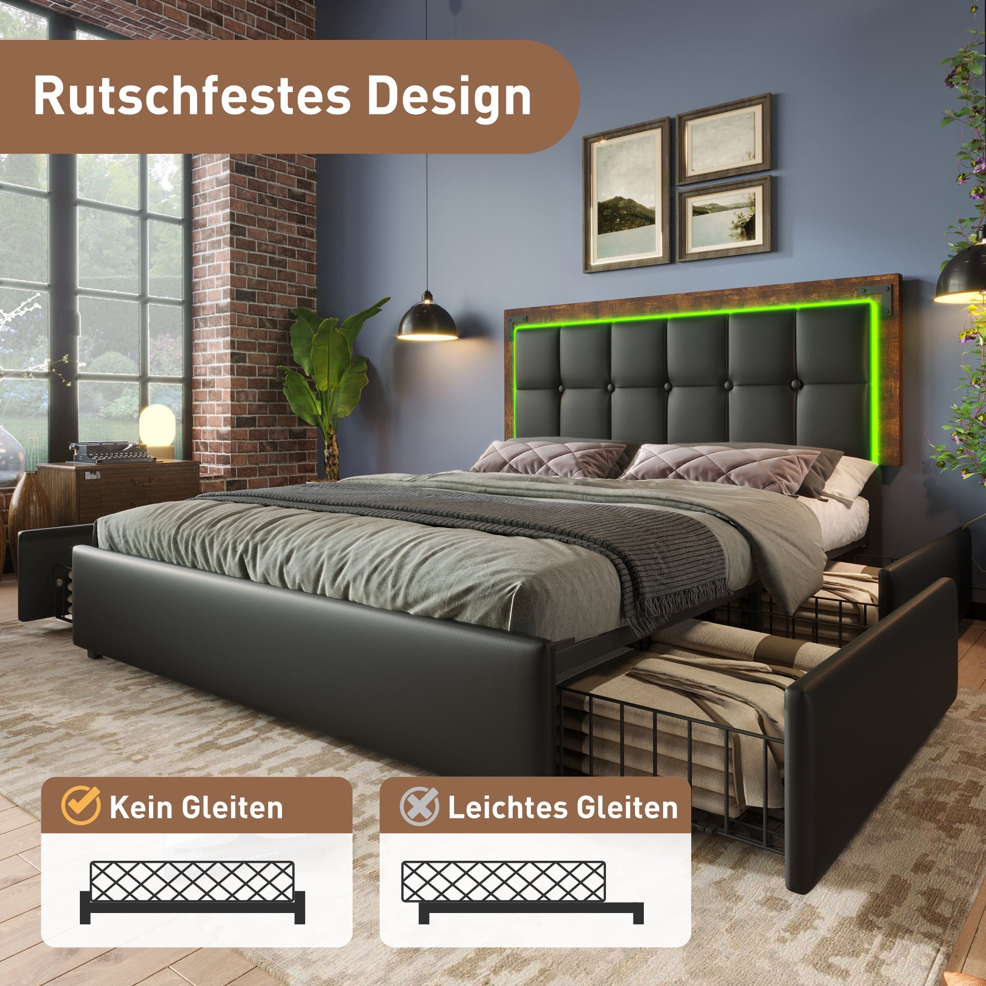 Logidon bedframe 140x200cm met LED-verlichting 4 lades zwart