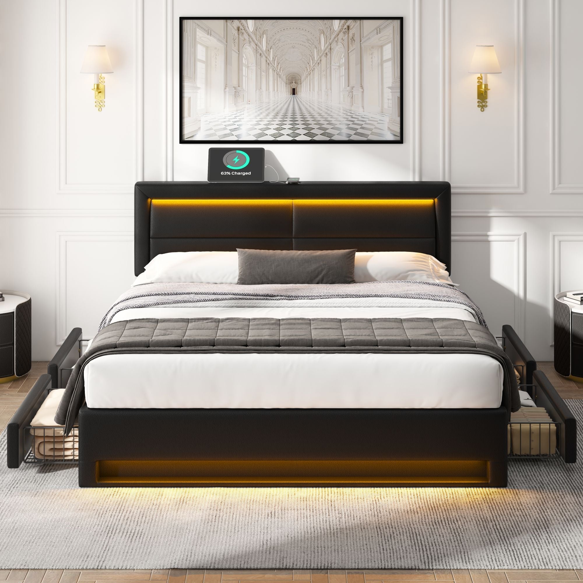 Logidon bed 140x190 cm met USB LED 4 lades zwart