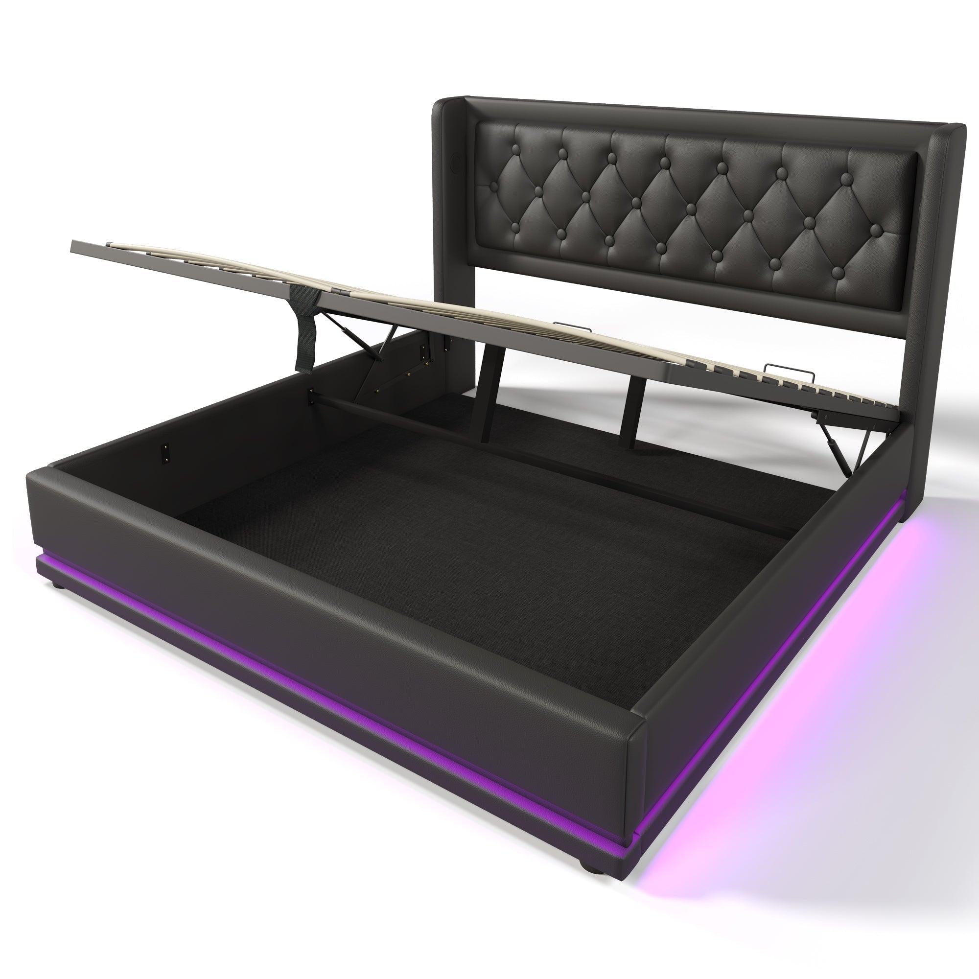 Logidon upholstered bed 140x200 black PU hydraulic storage space USB Type C charging function