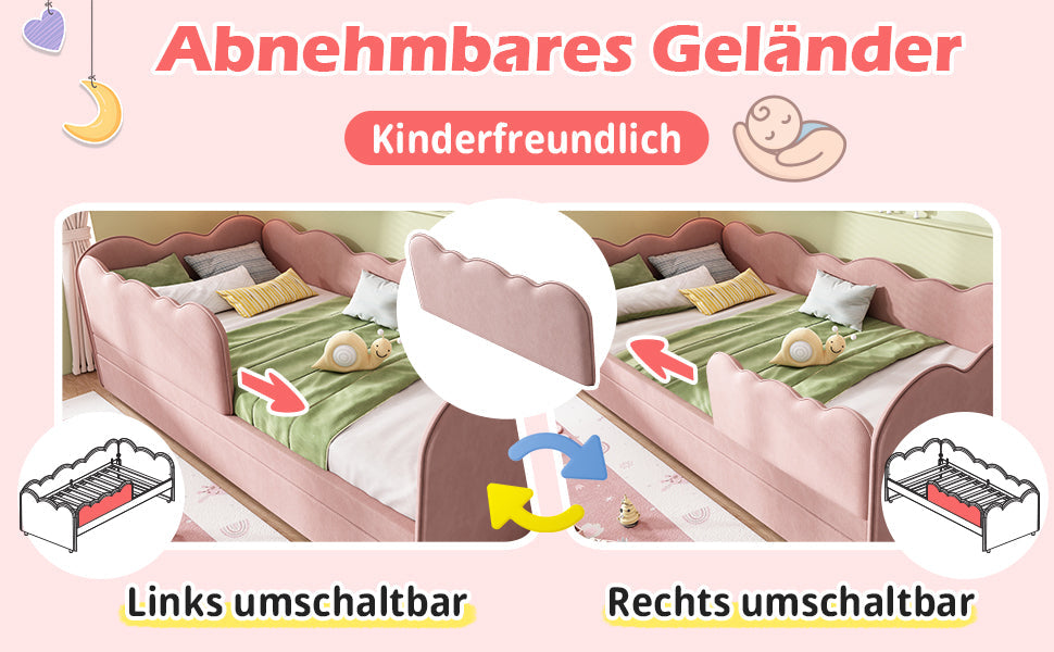 Logidon gestoffeerd dagbed 90x190 roze met uitschuifbaar bed