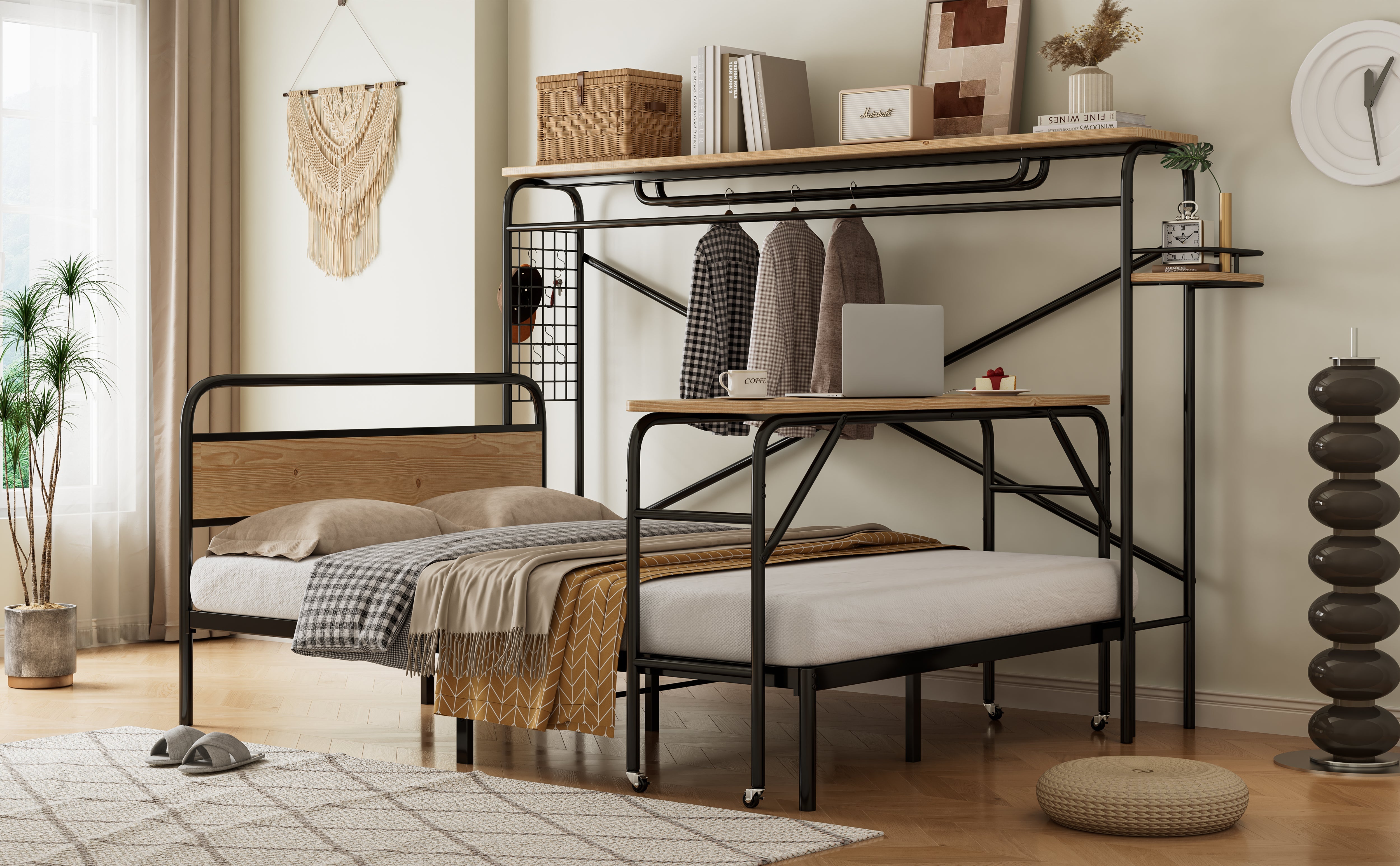 Logidon metalen bed 140x200 met tafelkapstok zwart naturel