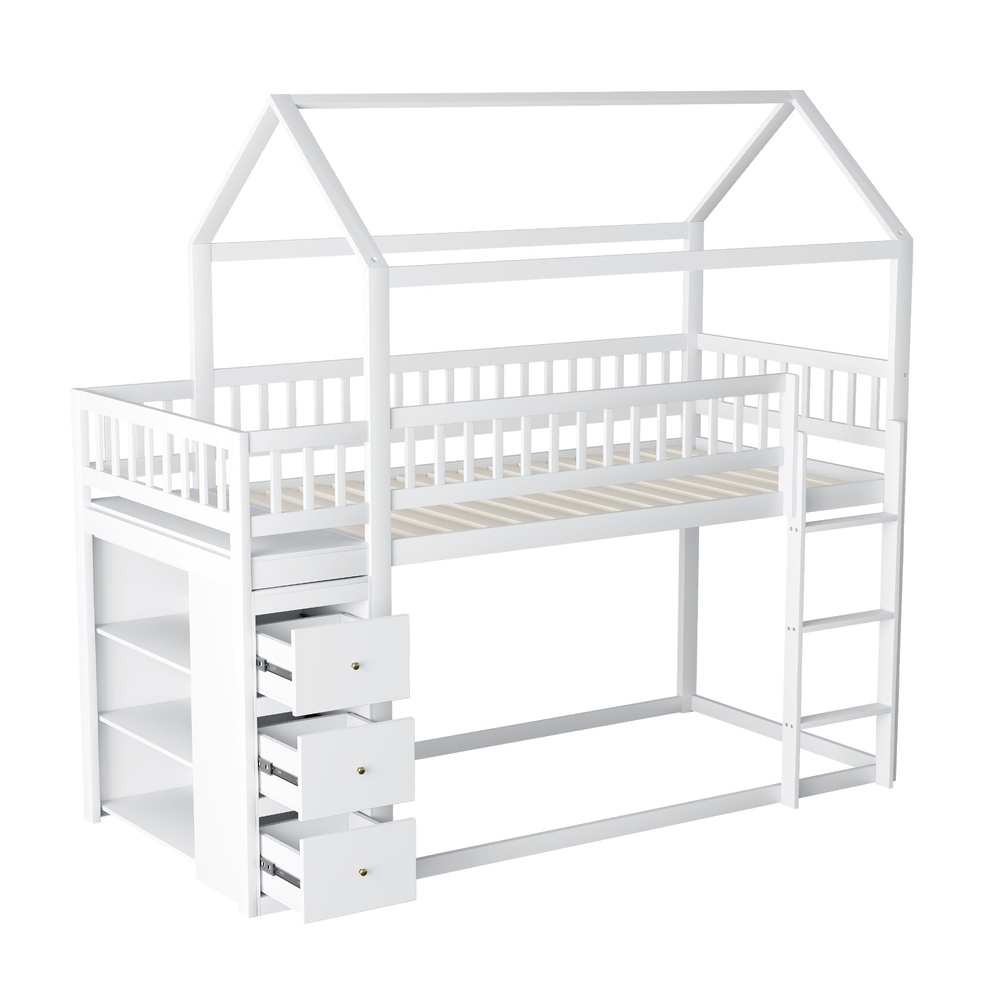 Logidon Bunk Bed 90x200 House Shape White With Security Fence Storage