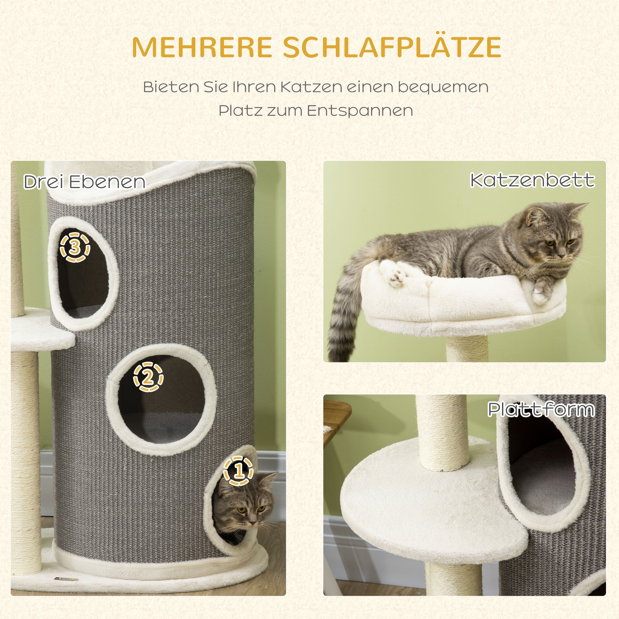Logidon Krabpaal 109 cm Wit Grijs met Krabton en Kattenmand