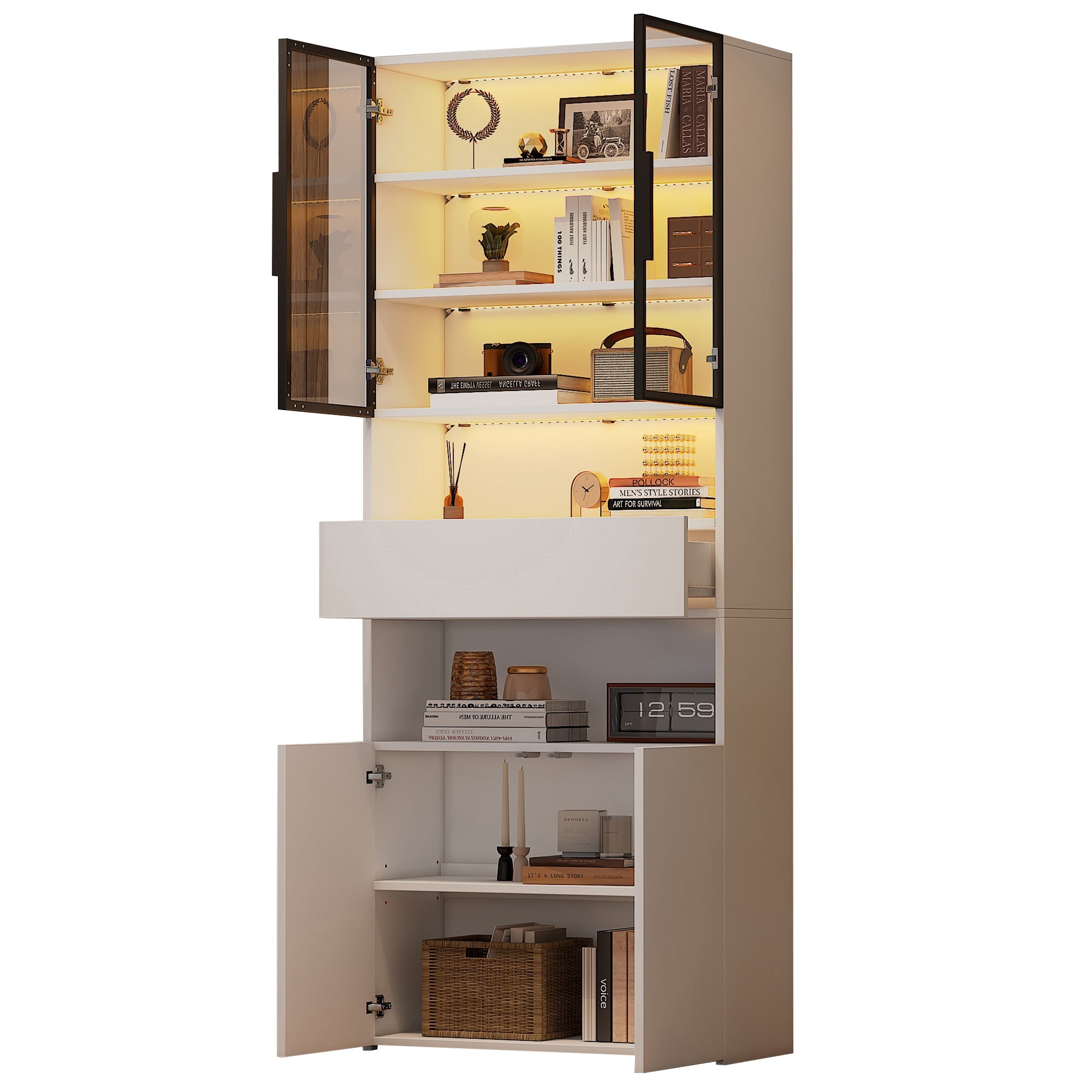 Logidon vitrinekast 70x30x200 cm witte LED glazen vitrinekast met lade