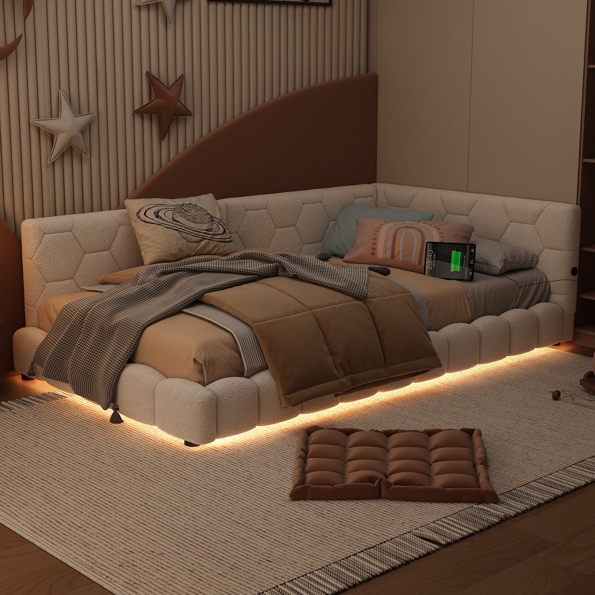 Logidon Daybed 90x200 cm slaapbank wit fluweel lattenbodem USB C