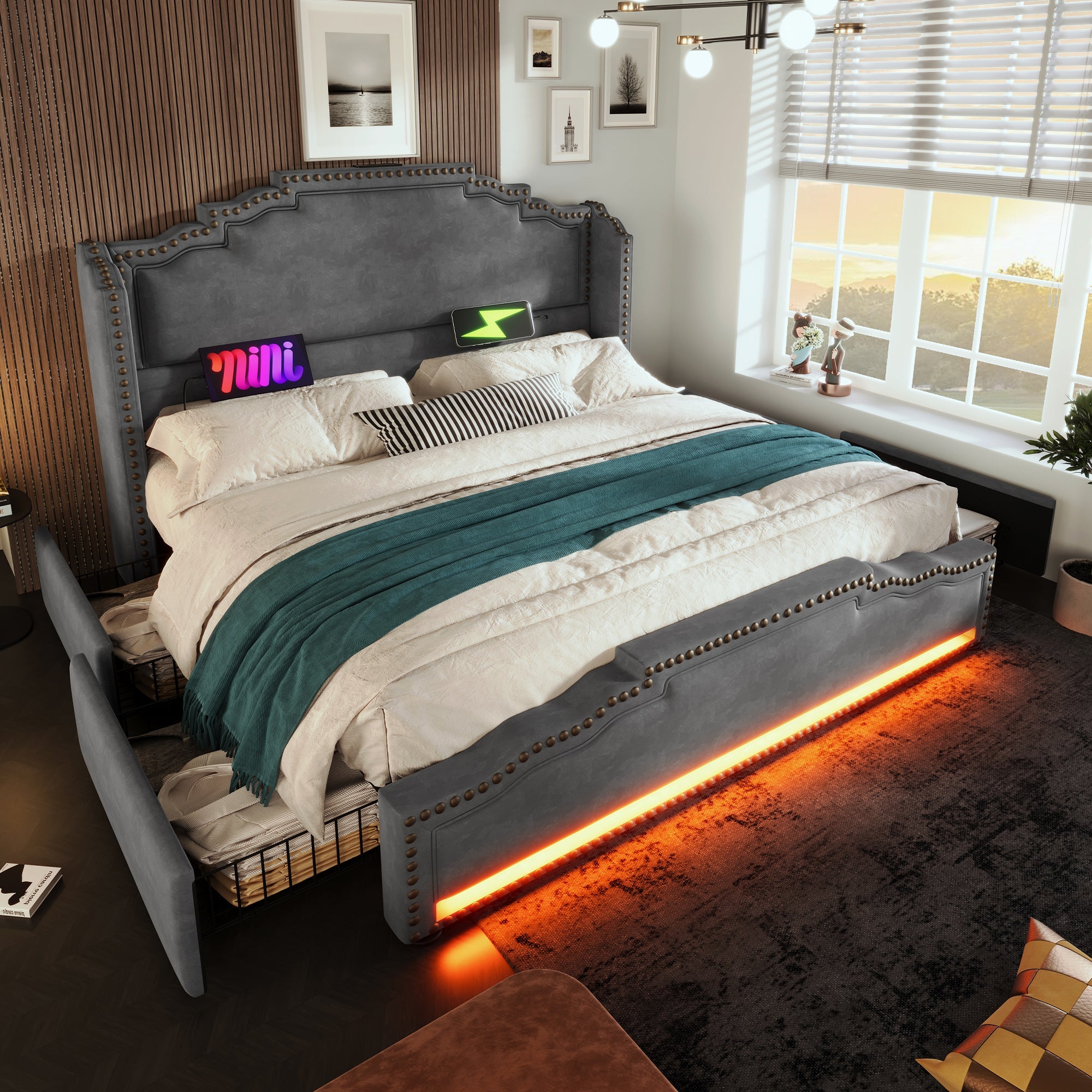 Logidon gestoffeerd bed 140x200 fluweelgrijs met 4 oplaad-LED-lampjes USB C