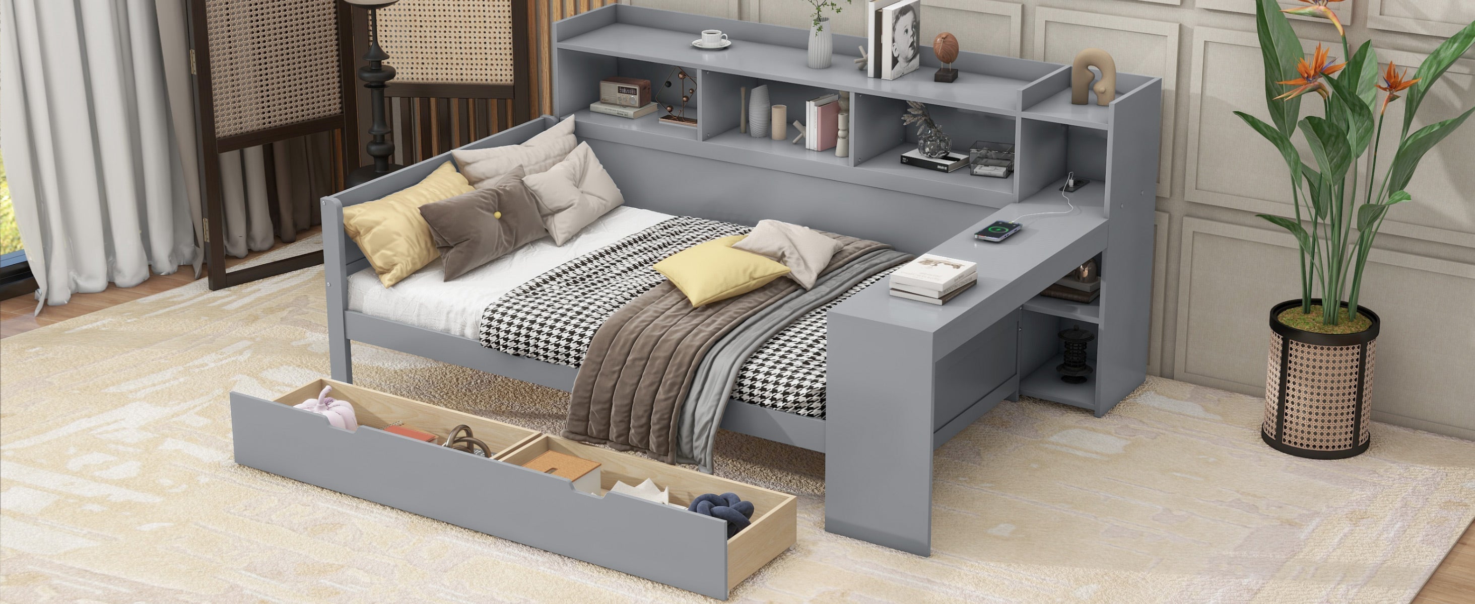 Logidon sofa bed 90x200 gray USB port 2 drawers