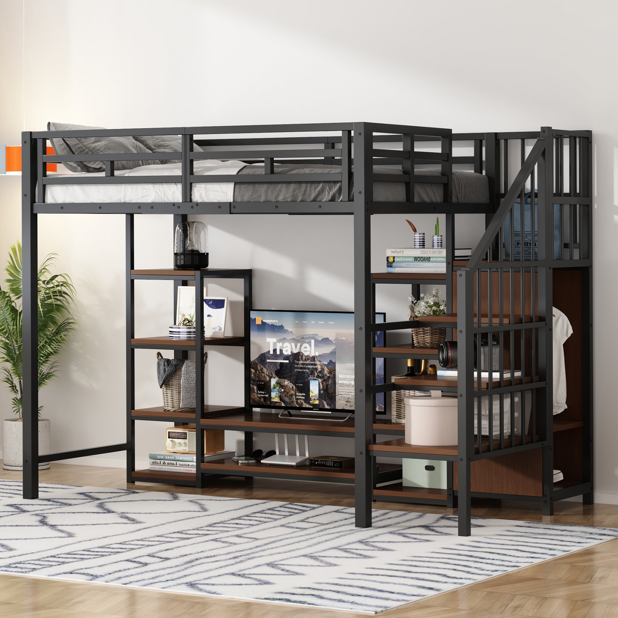 Logidon hoogslaper 90x200 met tv-meubel en stopcontact zwart
